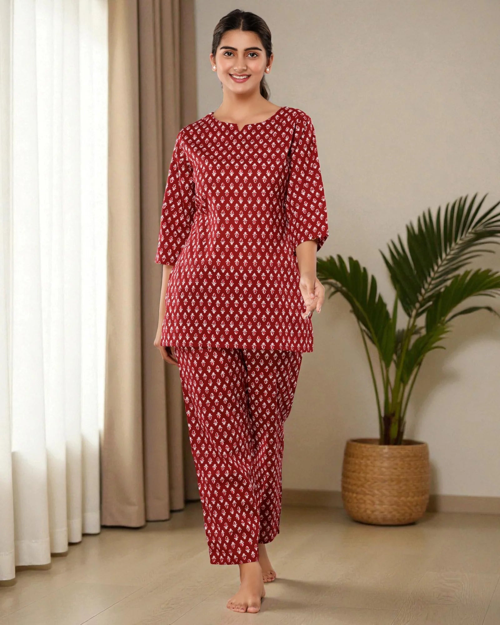 Maroon Floral Printed Cotton Night Suit