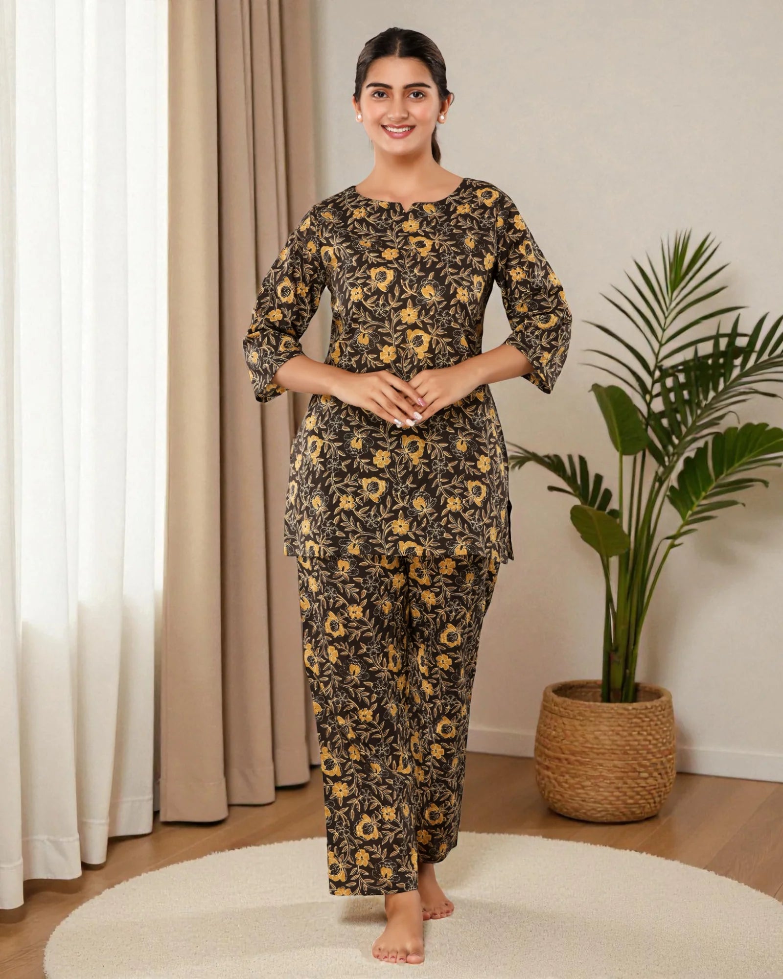 Dark Brown Floral Printed Cotton Night Suit