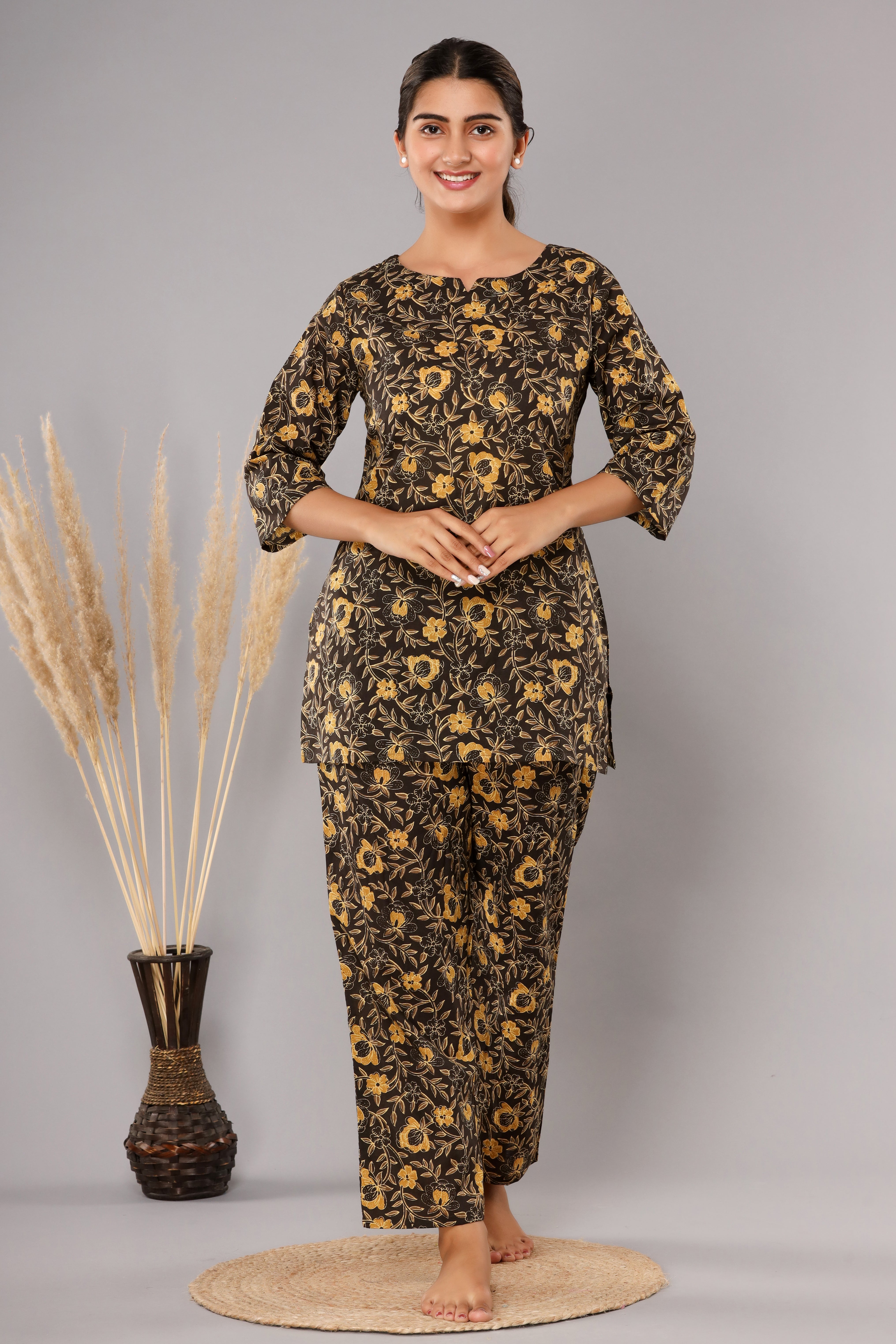 Dark Brown Floral Printed Cotton Night Suit