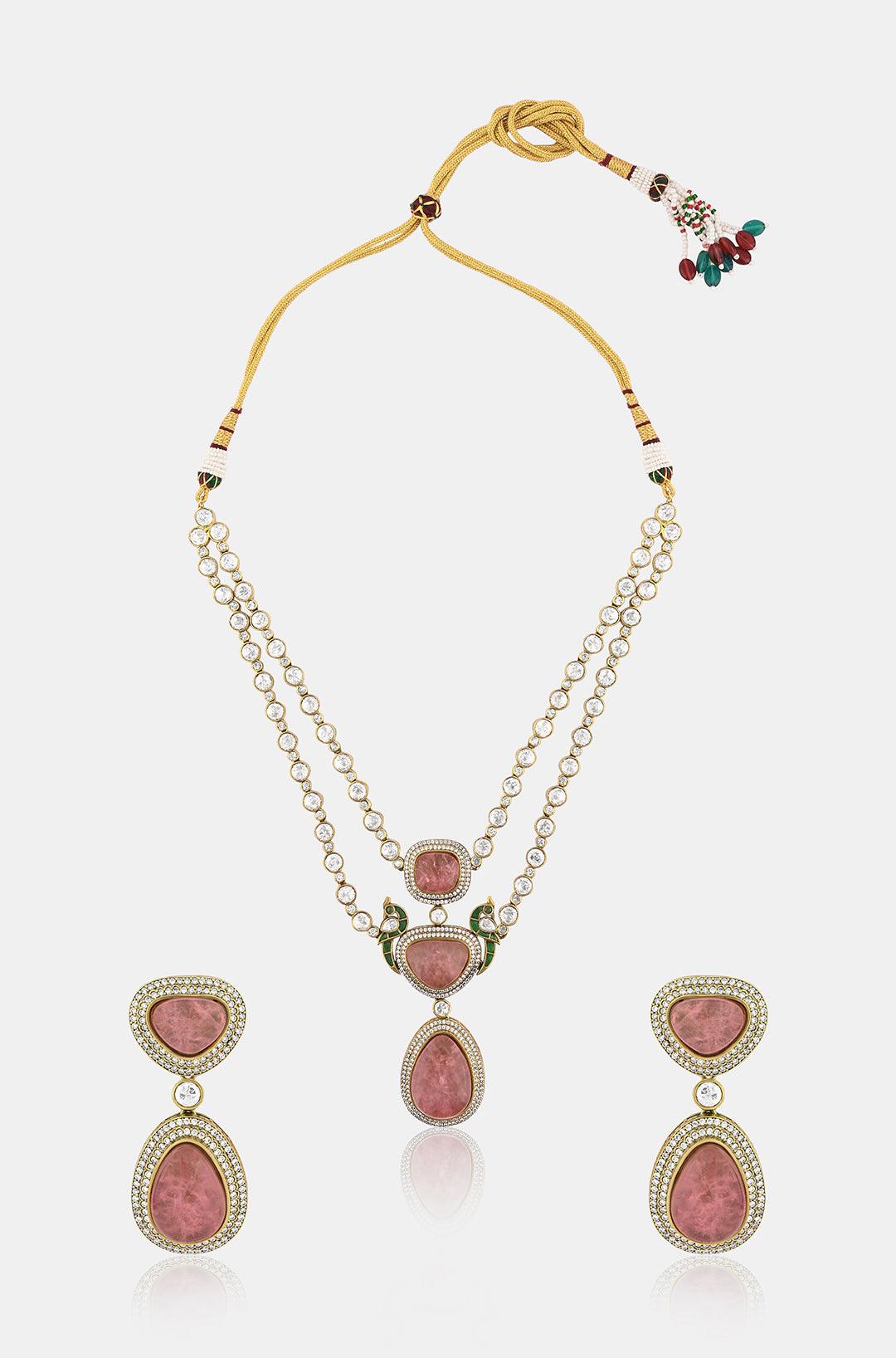 Polki Pink Stone Double Layered Necklace Set - Dyulokha