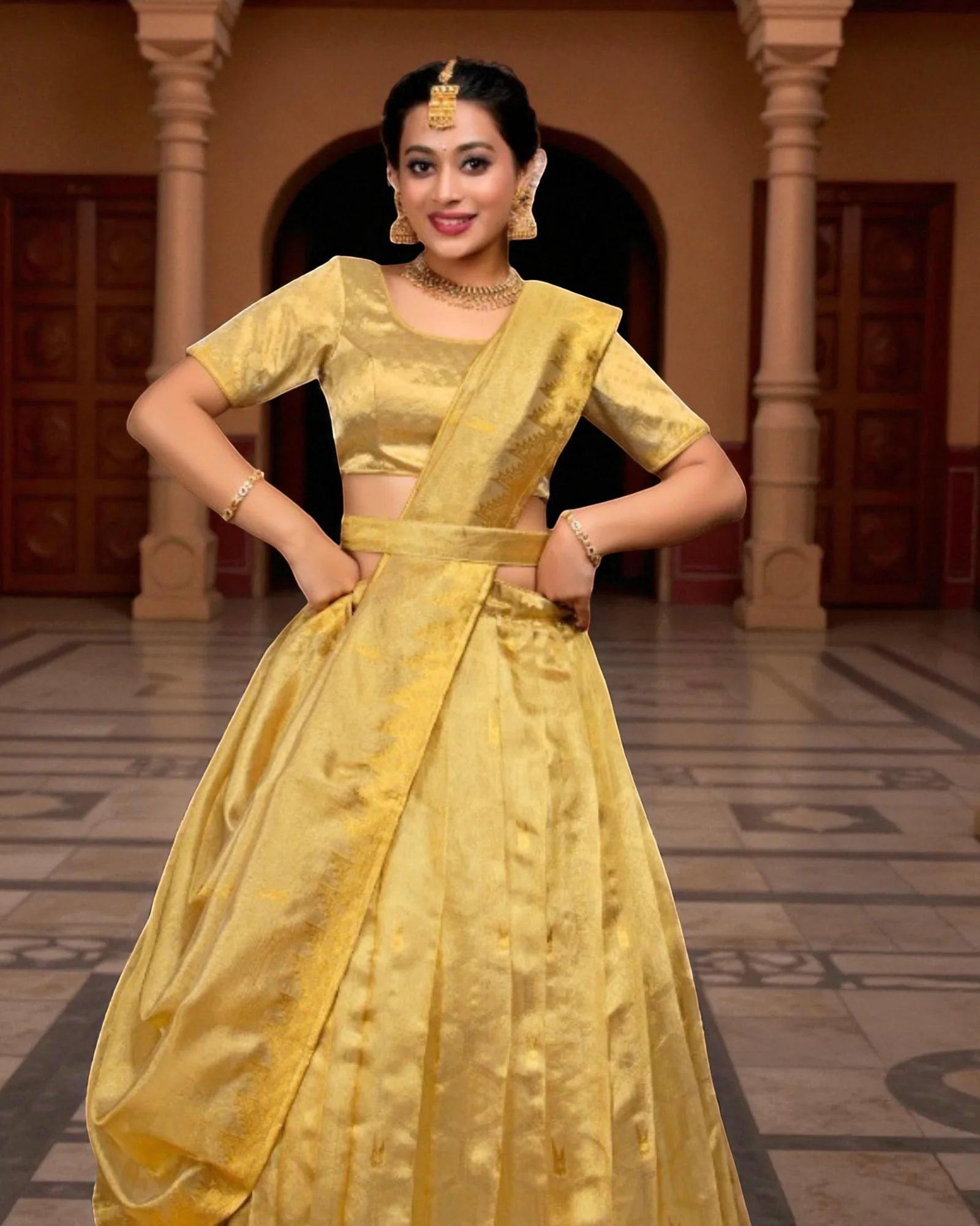 Semi Stitched Gold Zari Half Saree