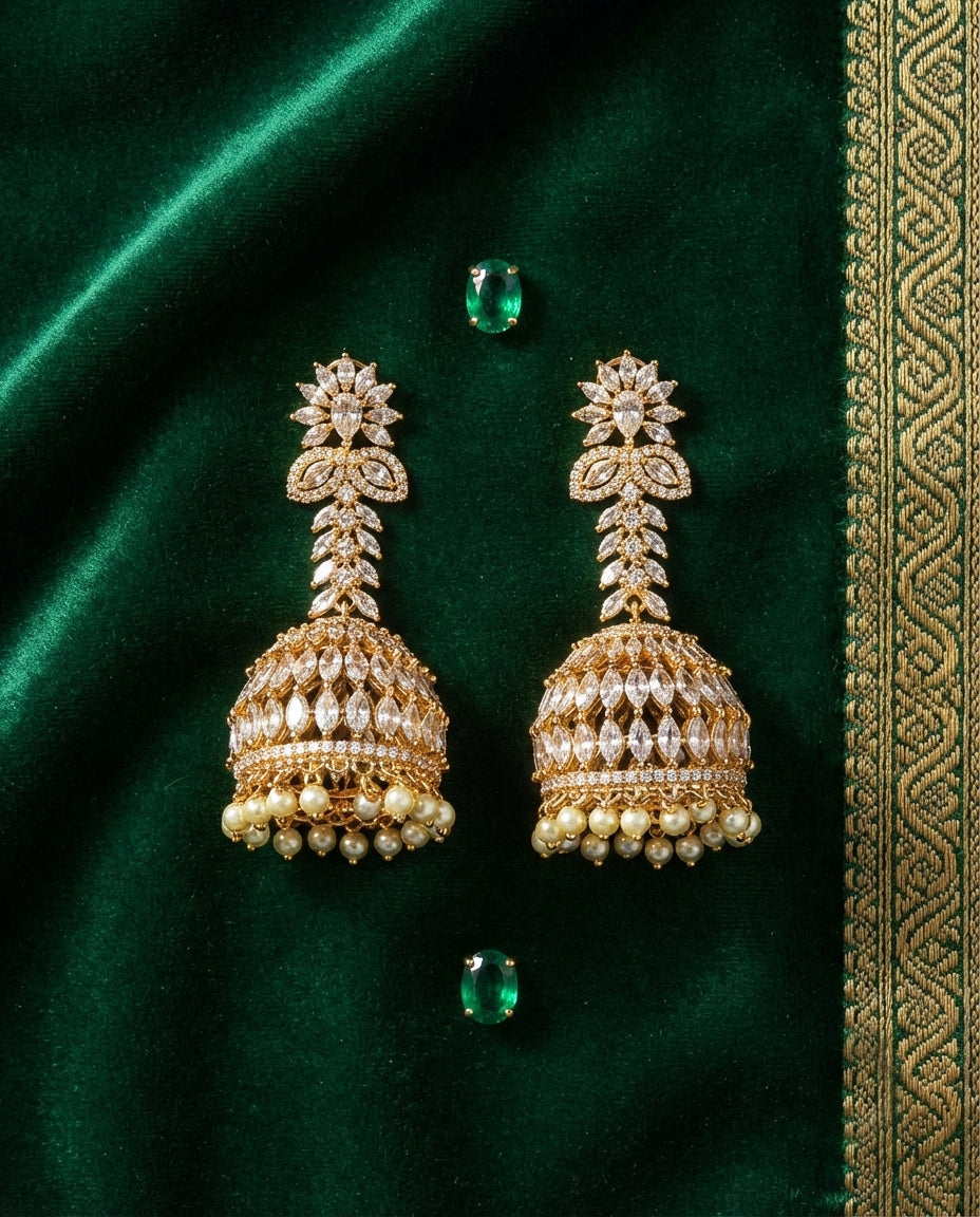 White CZ Jhumkas with Pearl Drops