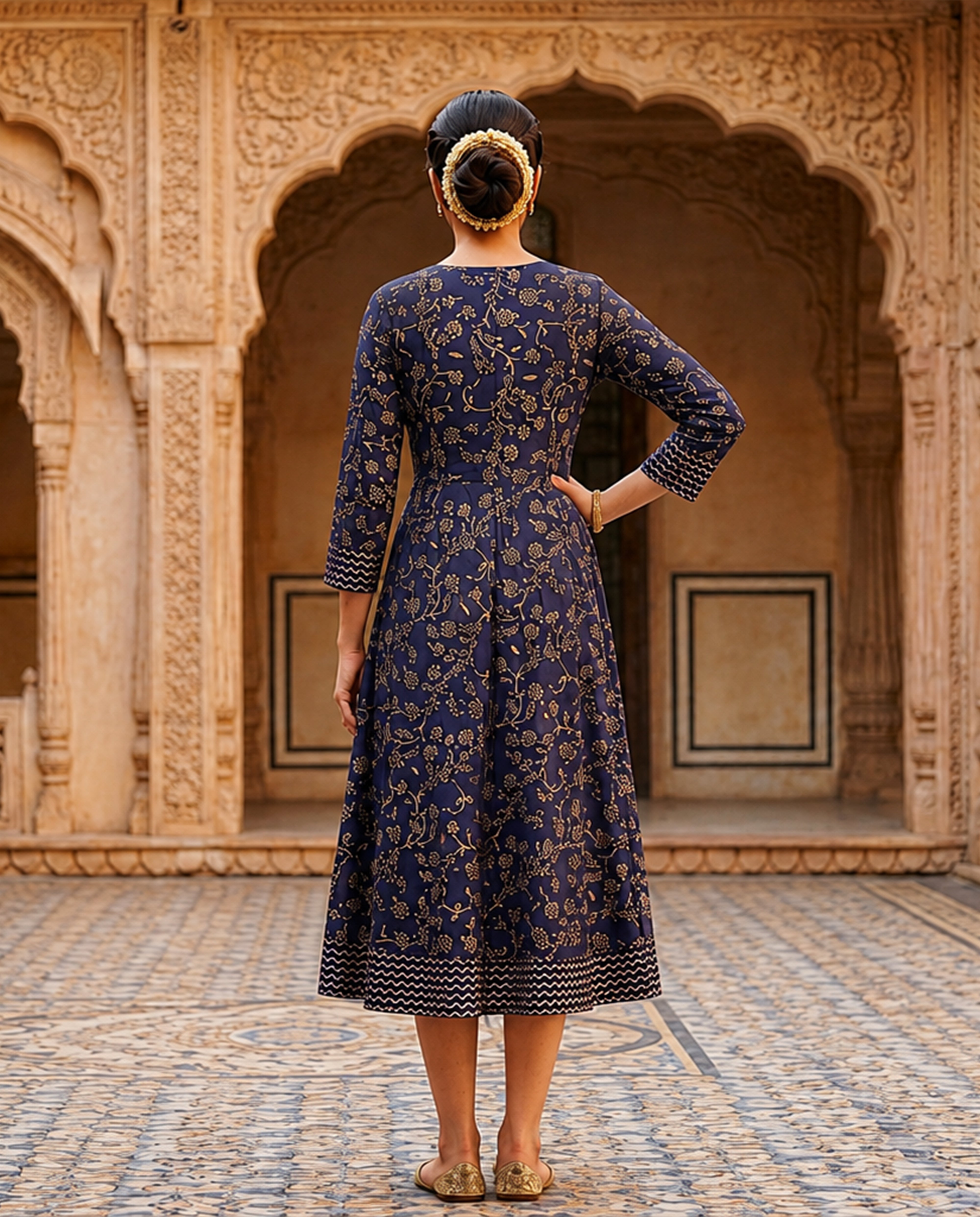 Navy Blue Gold Printed Ethnic Gown