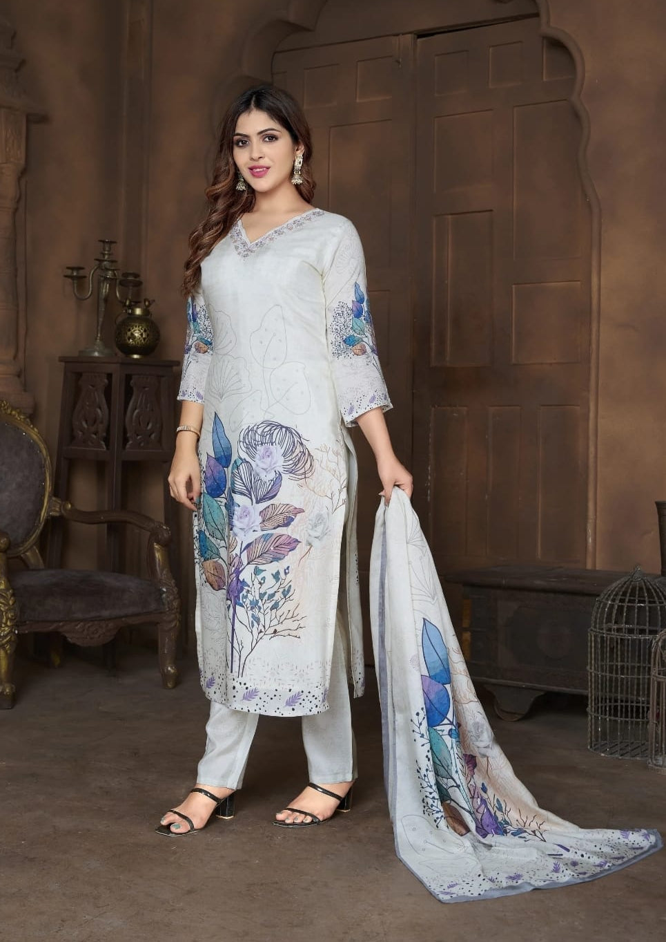 Beige Chinon Sequin Floral Kurta Set