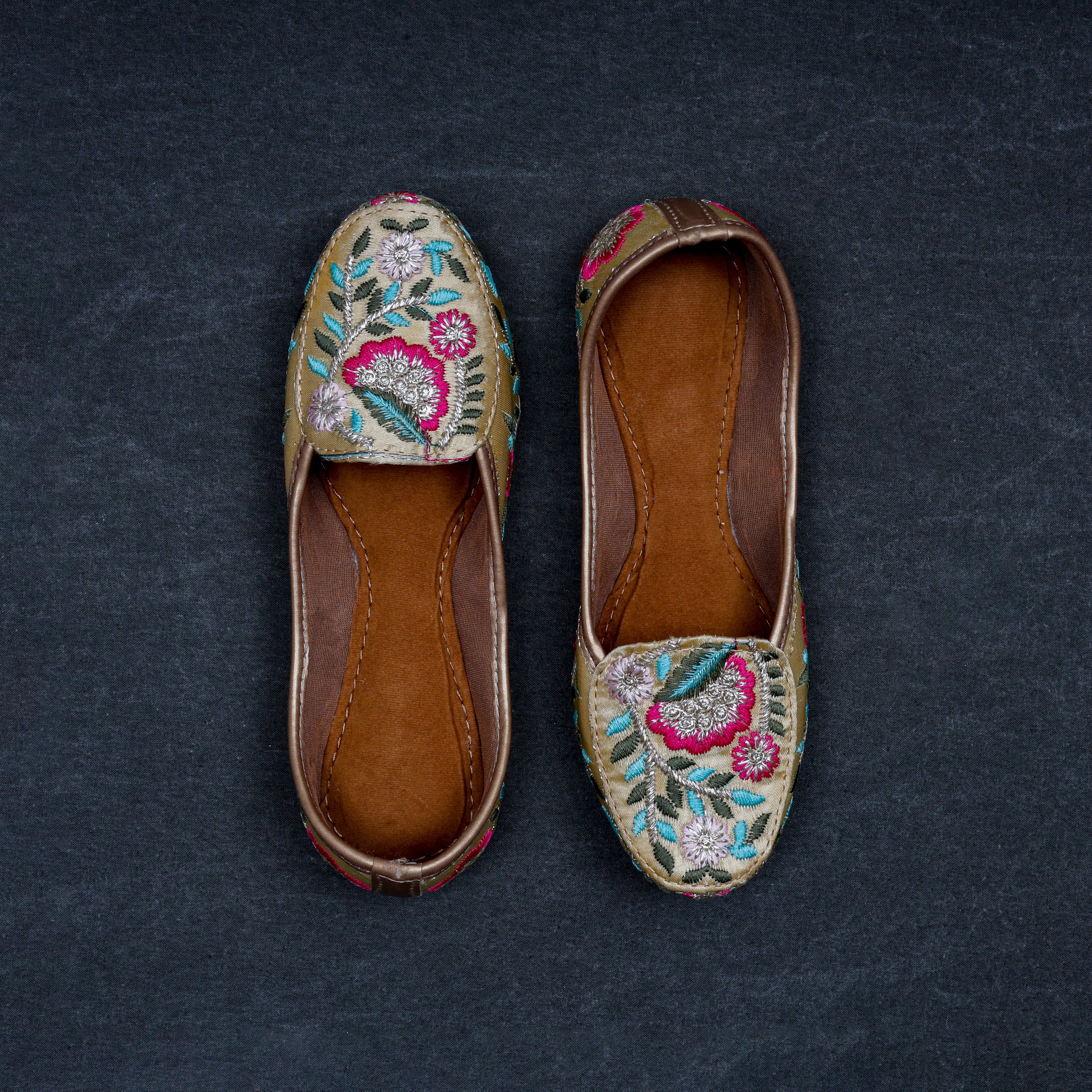 Gold Two Tone Fabric Ethnic Loafers