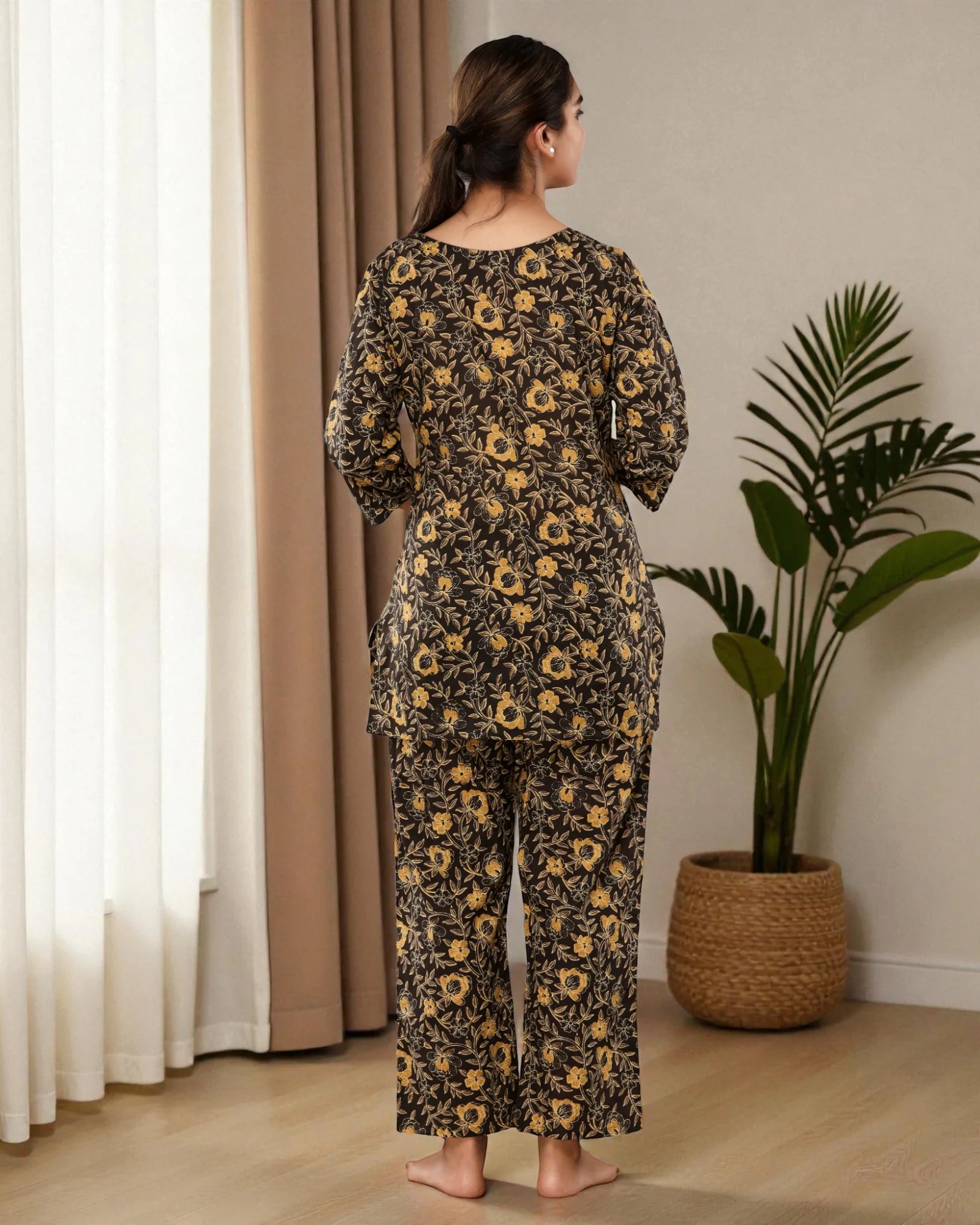 Dark Brown Floral Printed Cotton Night Suit