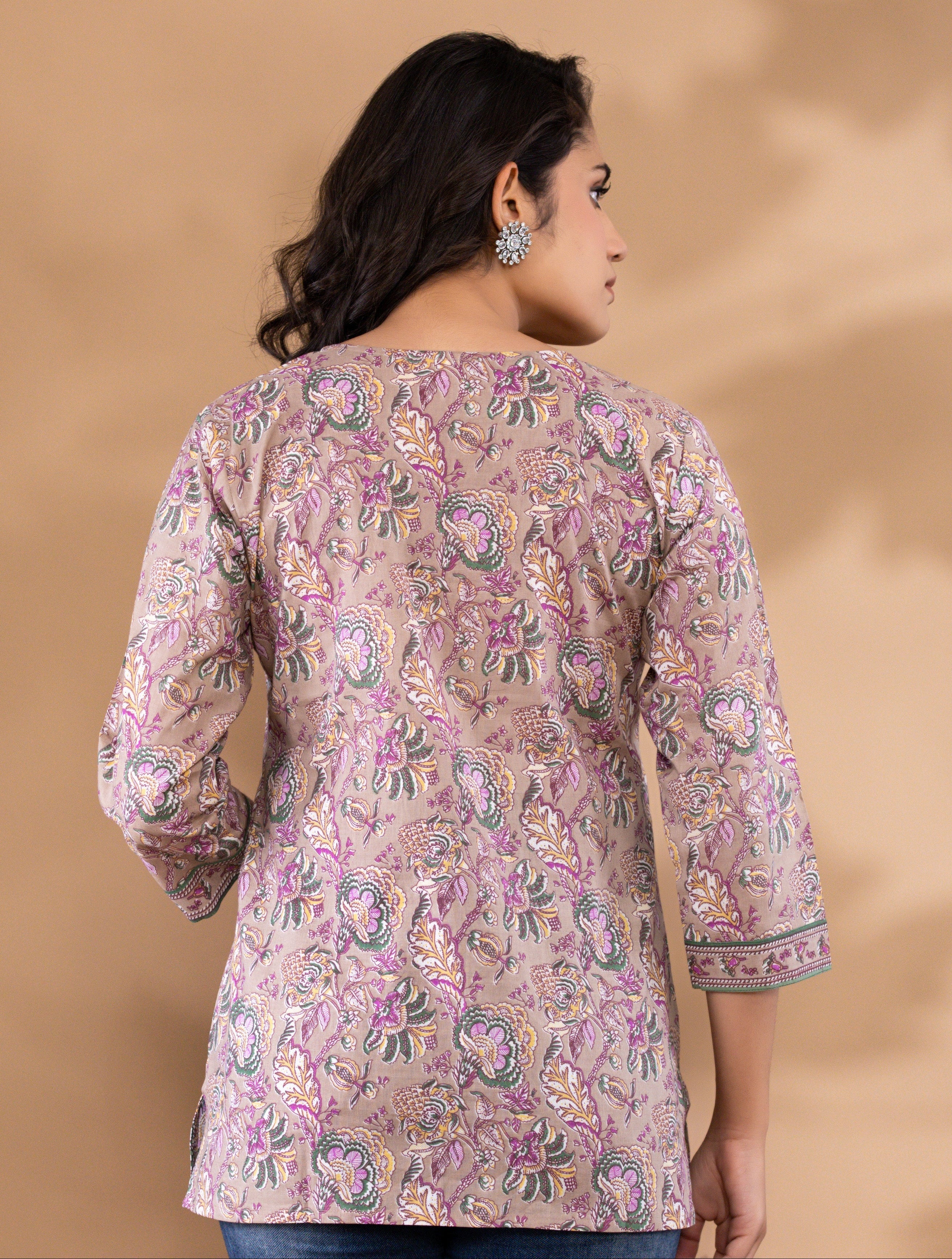 Beige Floral Printed Cotton Kurta
