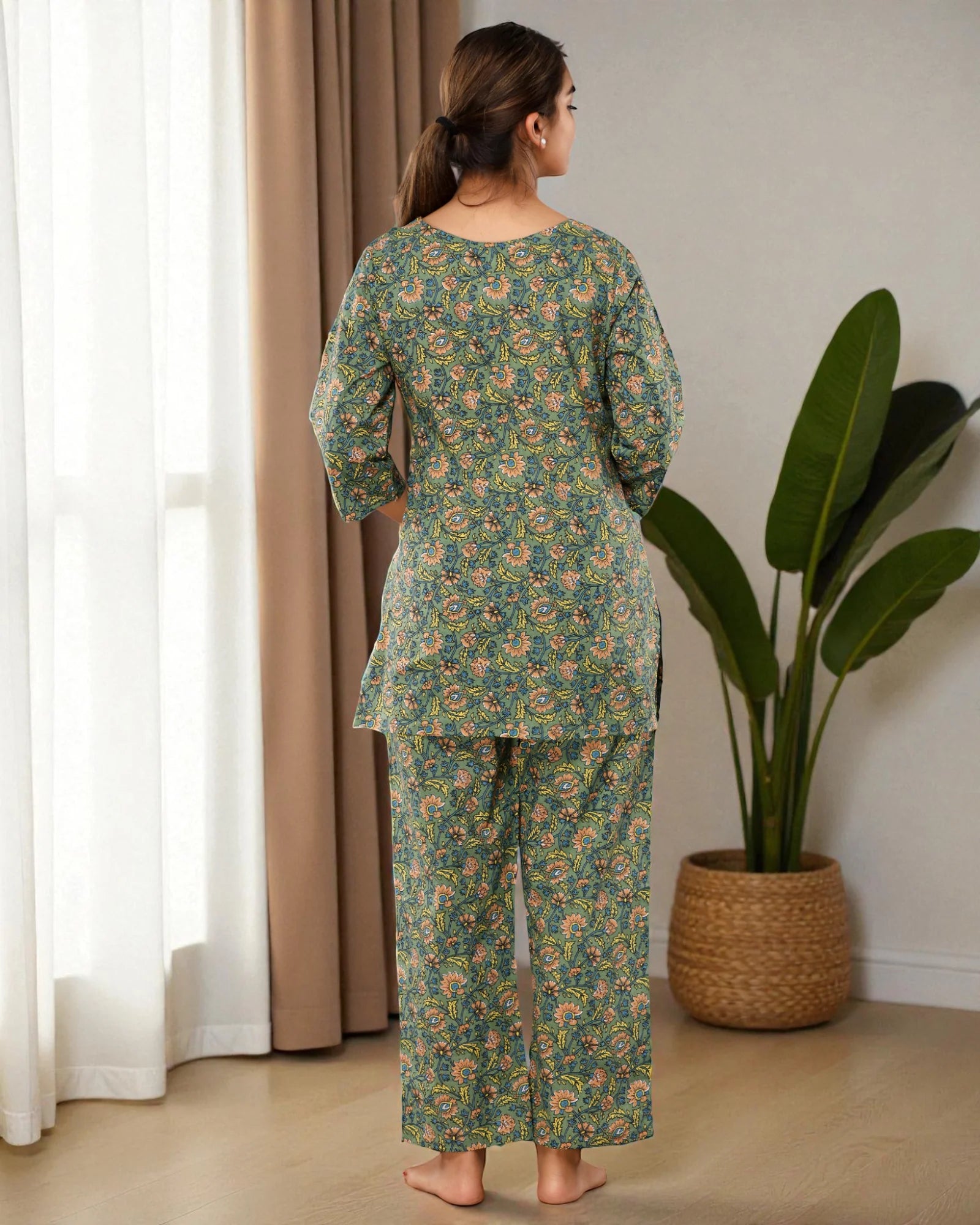 Mehendi Green Floral Cotton Night Suit