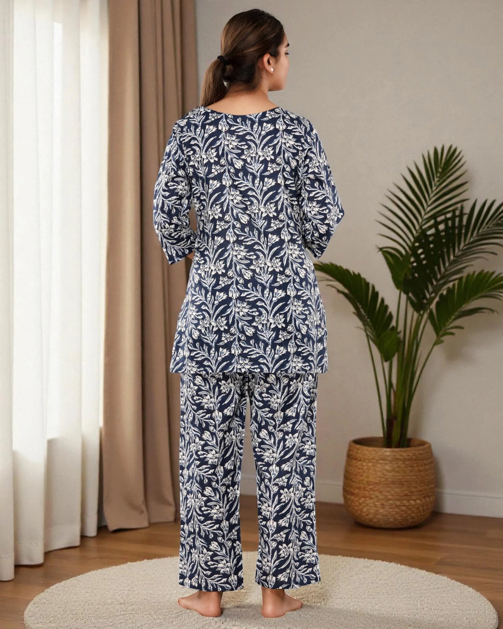 Dark Blue Floral Printed Cotton Night Suit