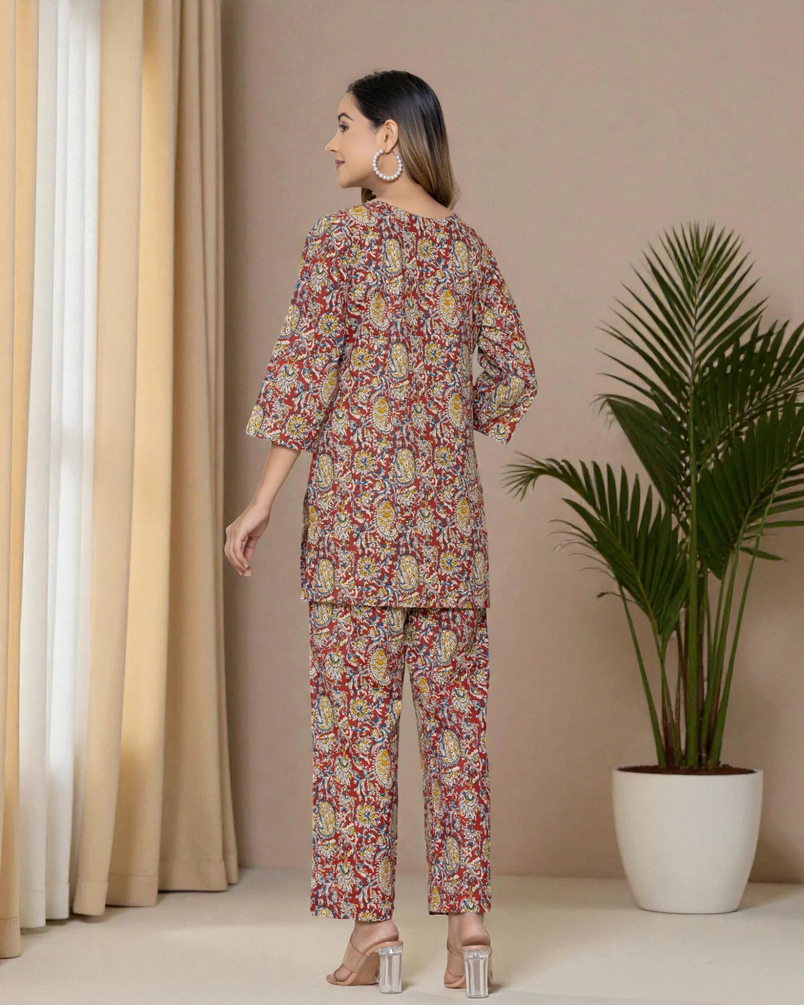 Brown Floral Cotton Night Suit