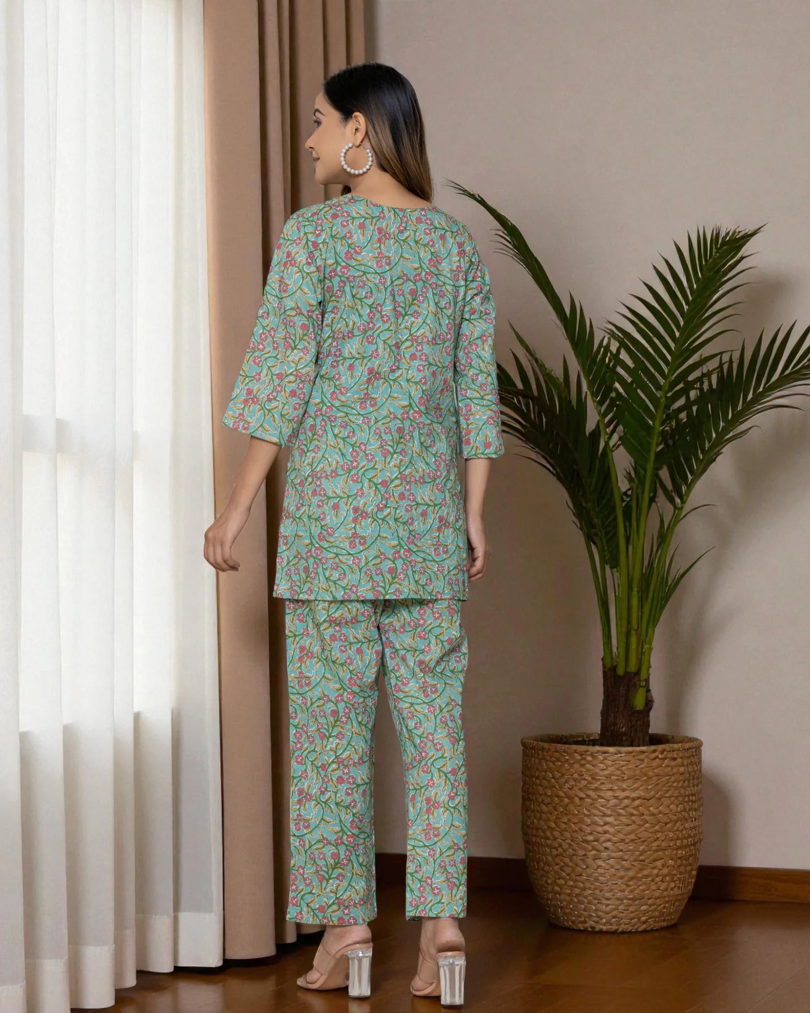 Light Green Floral Printed Cotton Night Suit