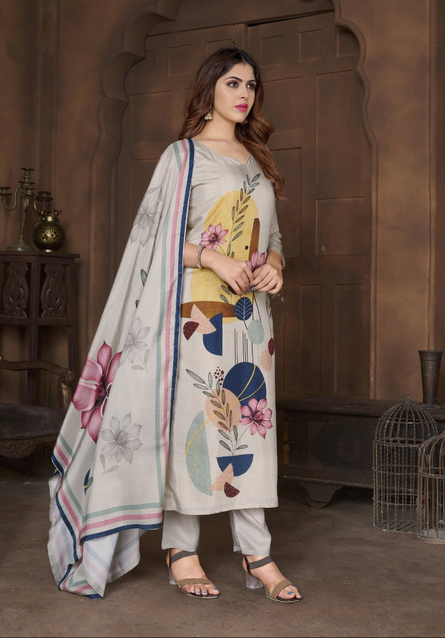 Light Gray Chinon Silk Floral Kurta Set