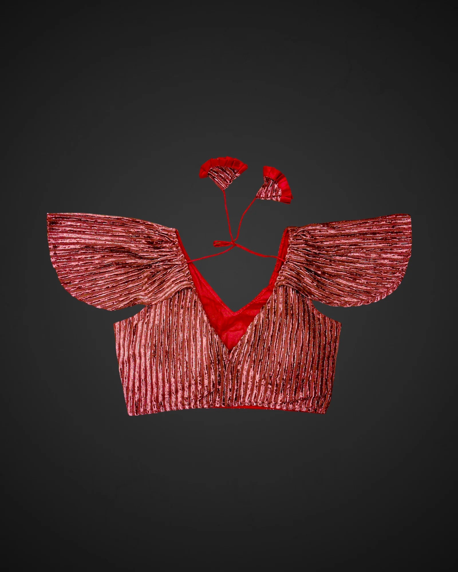 Velvet Ruffle Sleeve V Neck Readymade Blouse