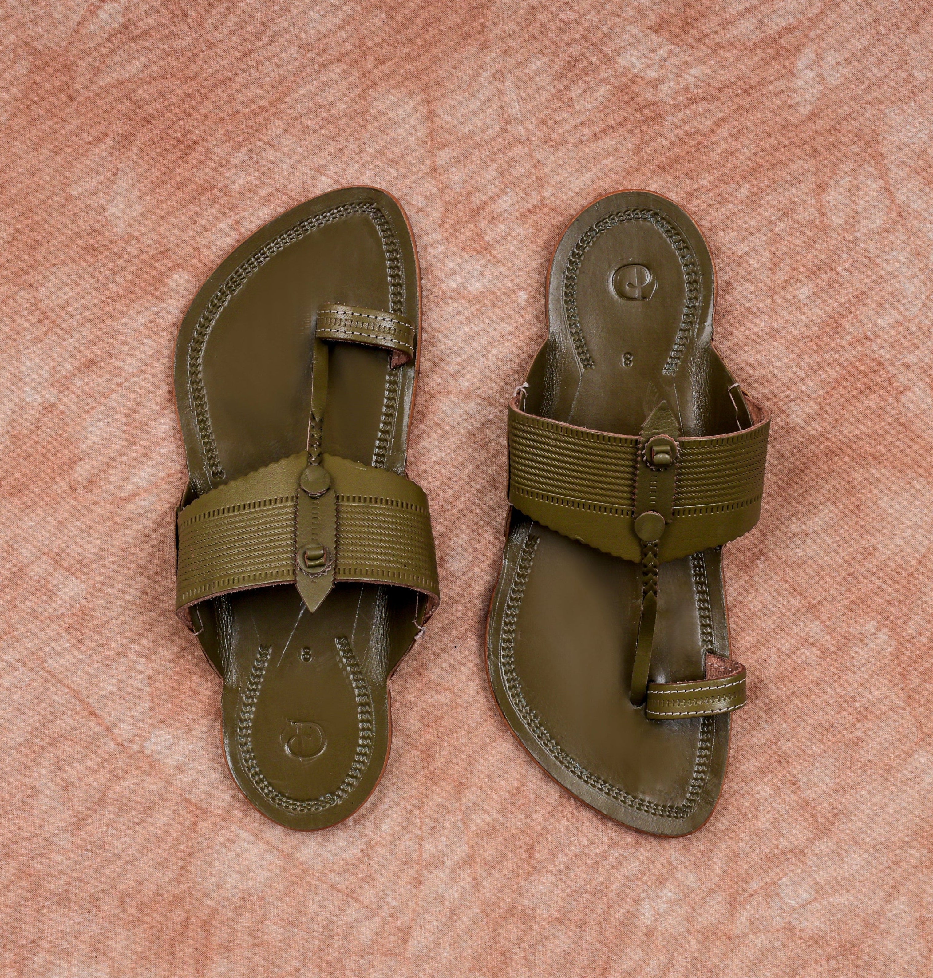 Glossy Olive Green Leather Kolhapuri Sandals
