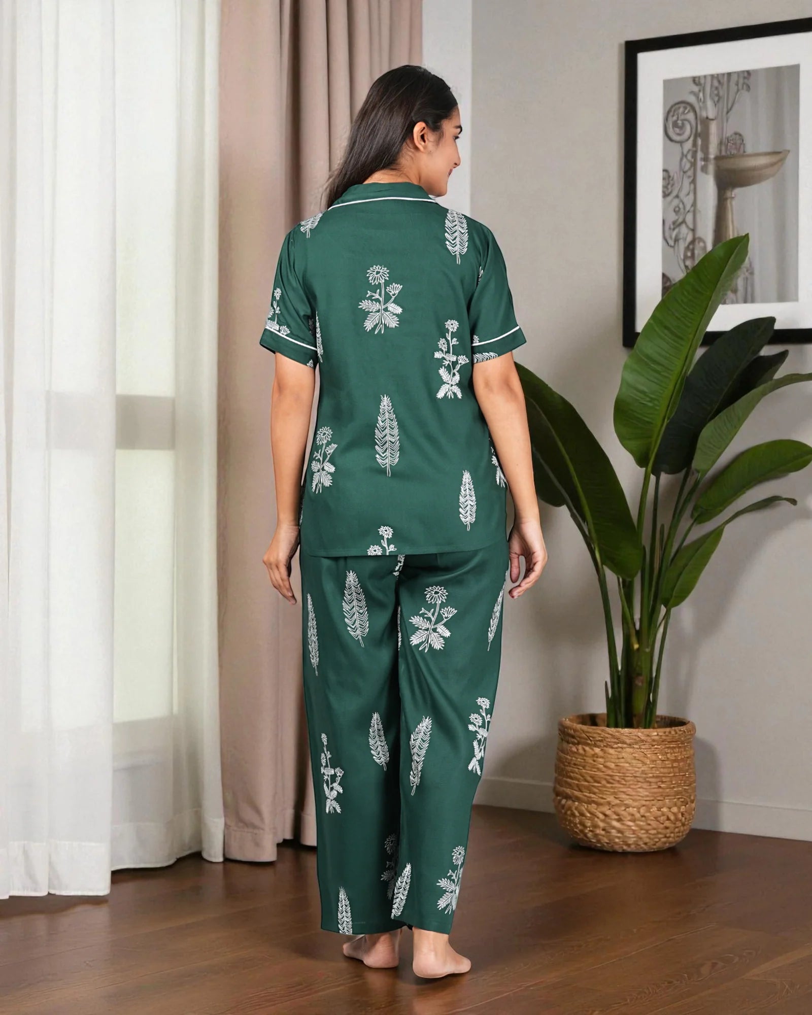 Bottle Green Floral Printed Cotton Night Suit