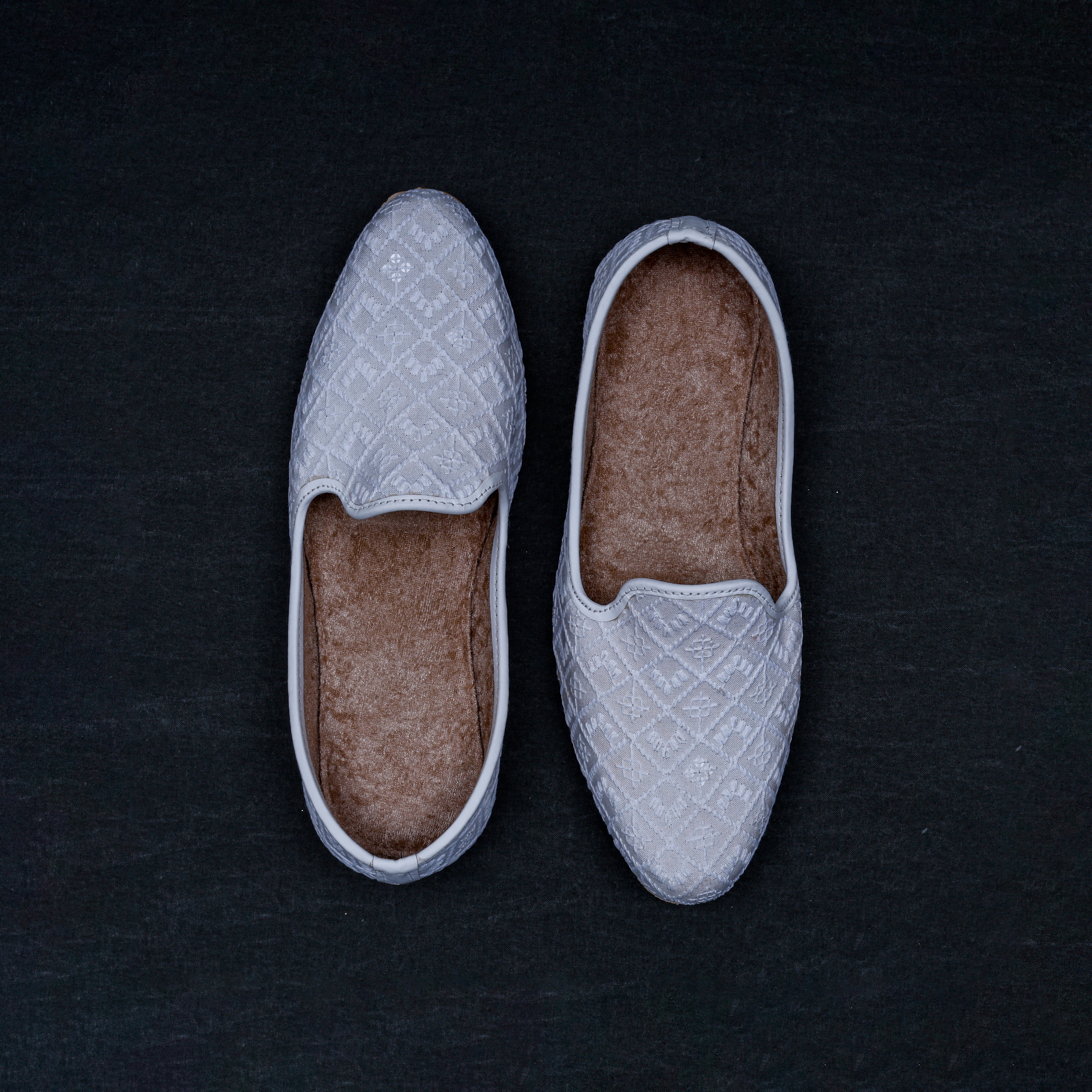 White Textured Almond Fabric Jutti