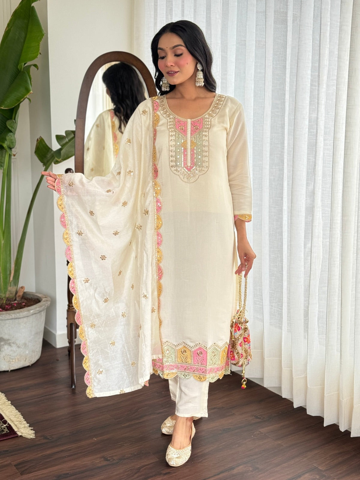 White Chanderi Silk Set with Elegant Embroidery