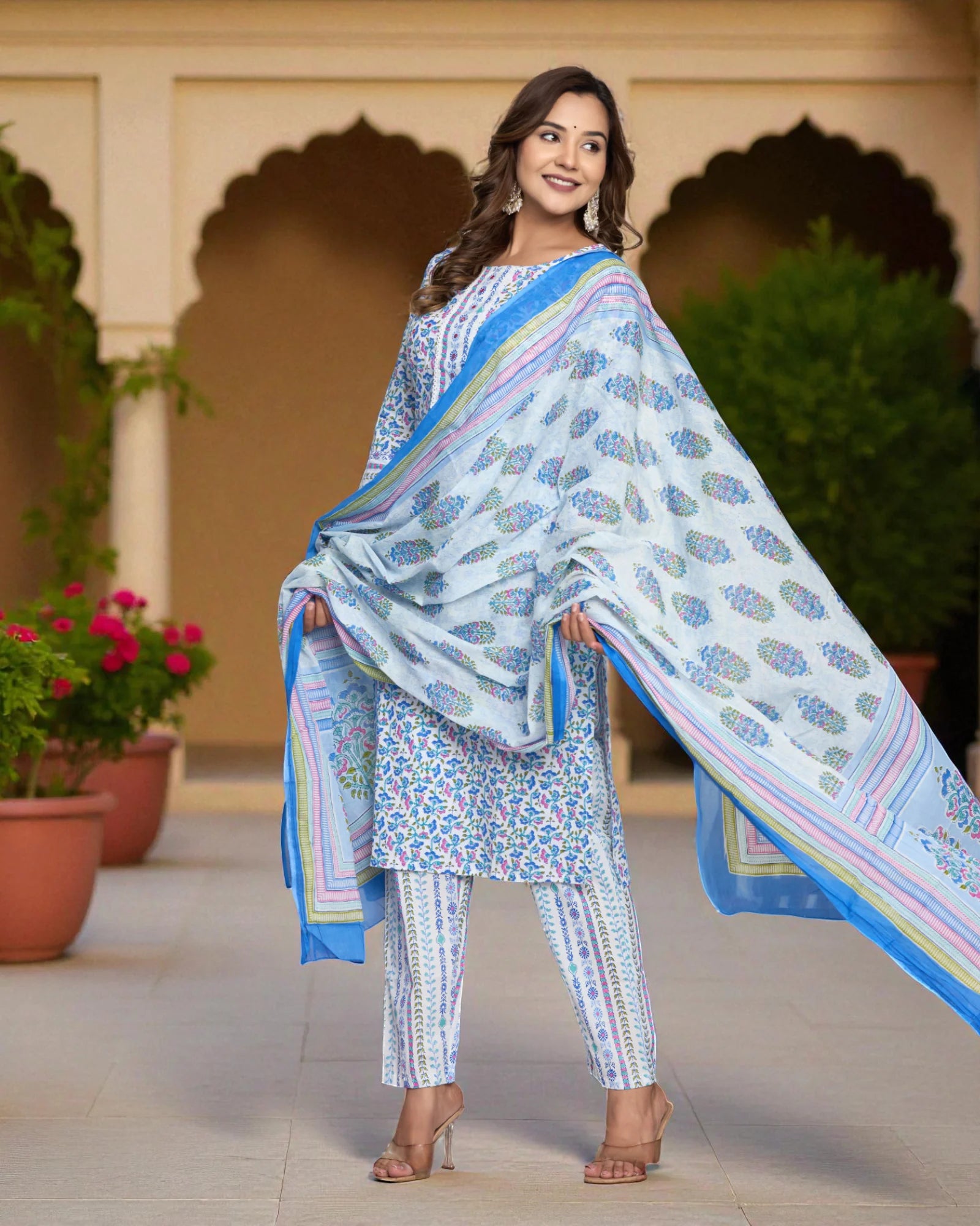 Floral Printed Cotton Kurta Set With Scarf