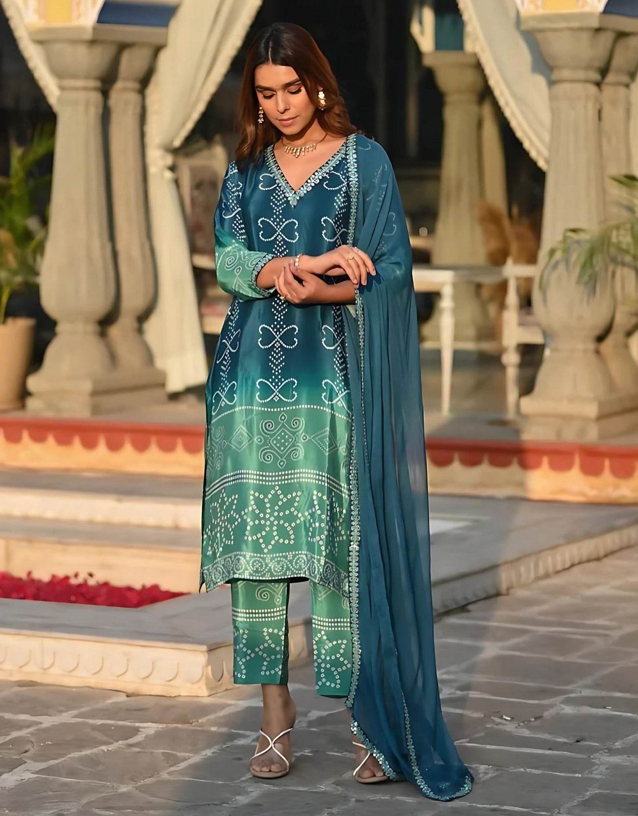 Floral Embroidered Chinon Silk Kurta Set