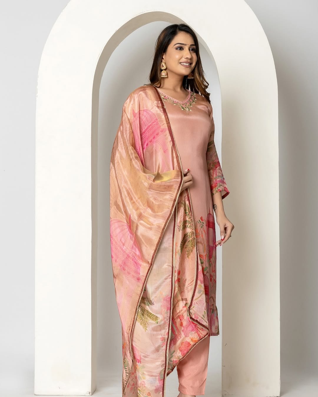Peach Chinon Silk Floral Embroidered Kurta Set