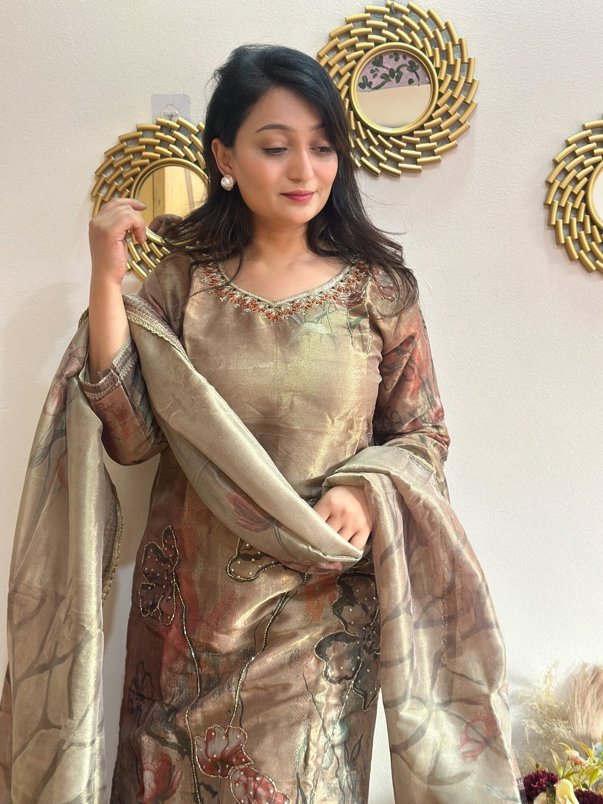 Golden Brown Beaded Floral Tissue Kurta Set