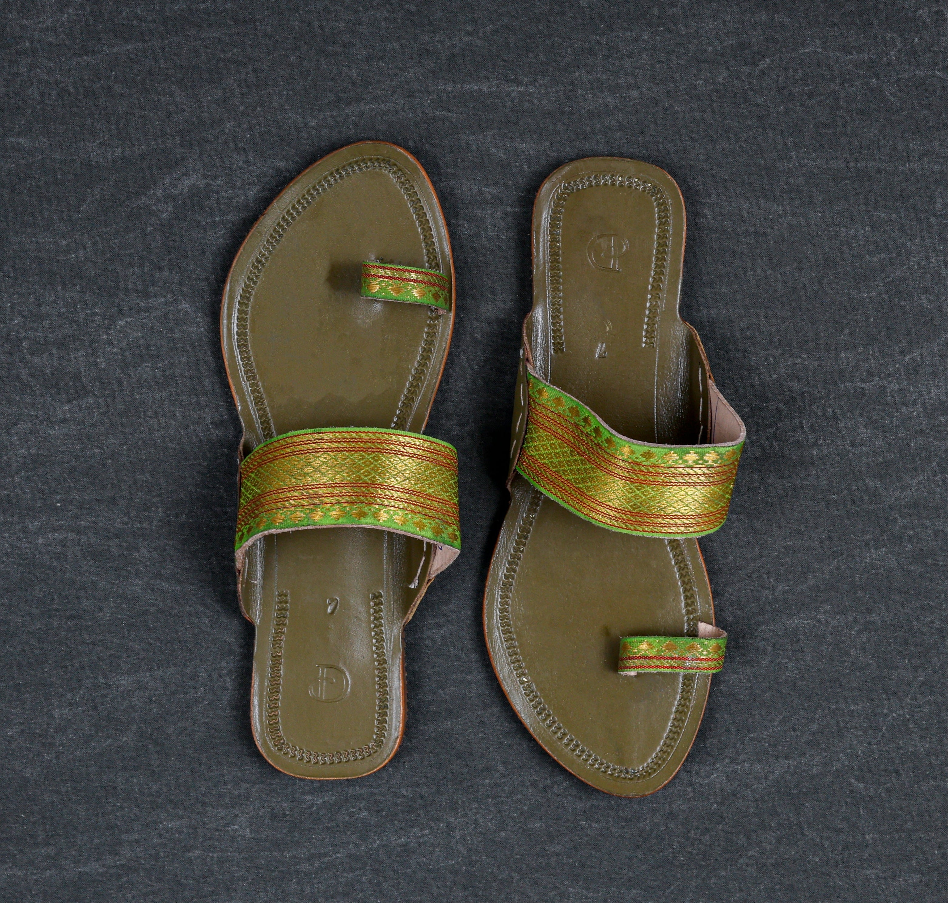 Olive Green Artisan Leather Open Toe Flats