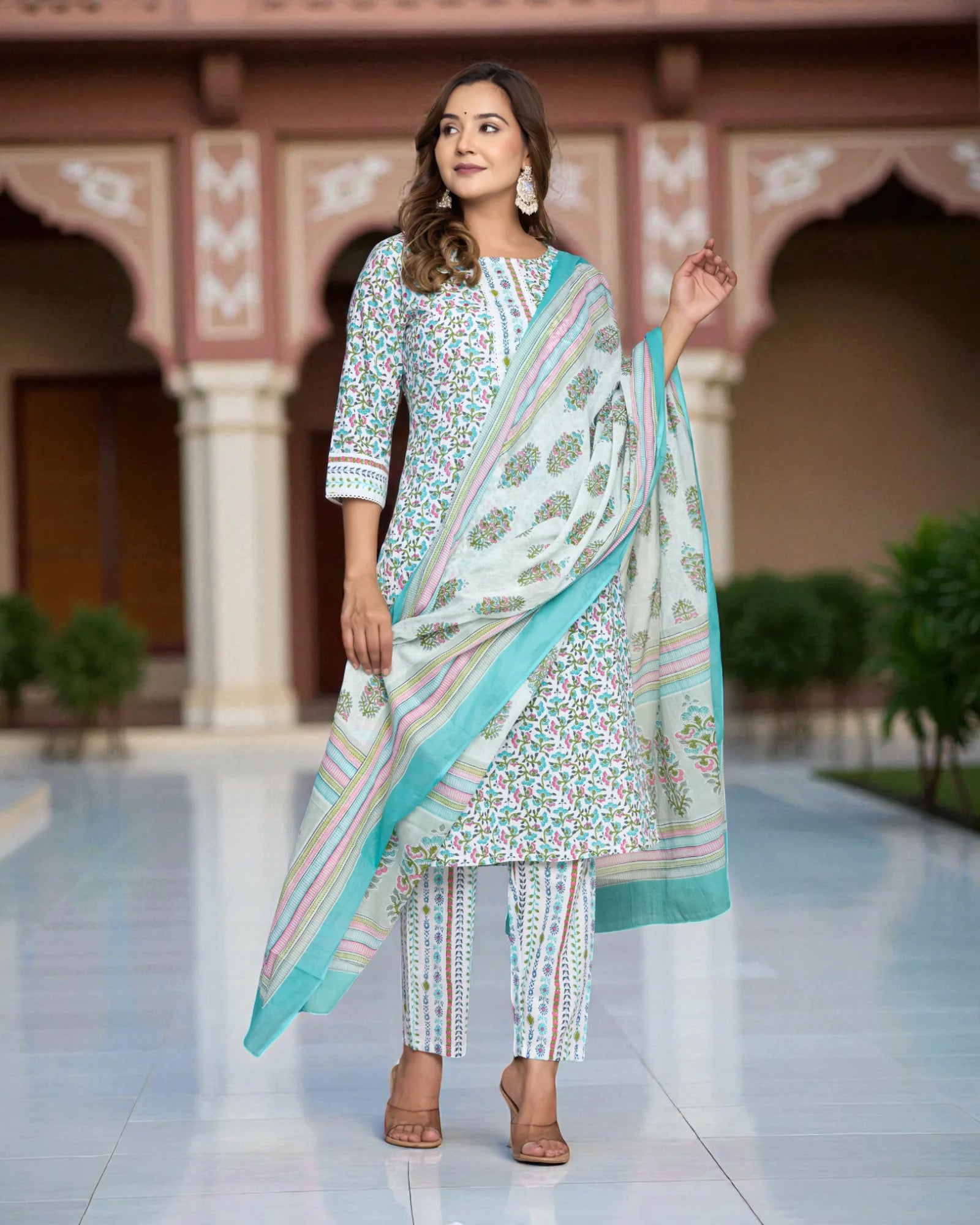 Floral Cotton Kurta Set With Scarf