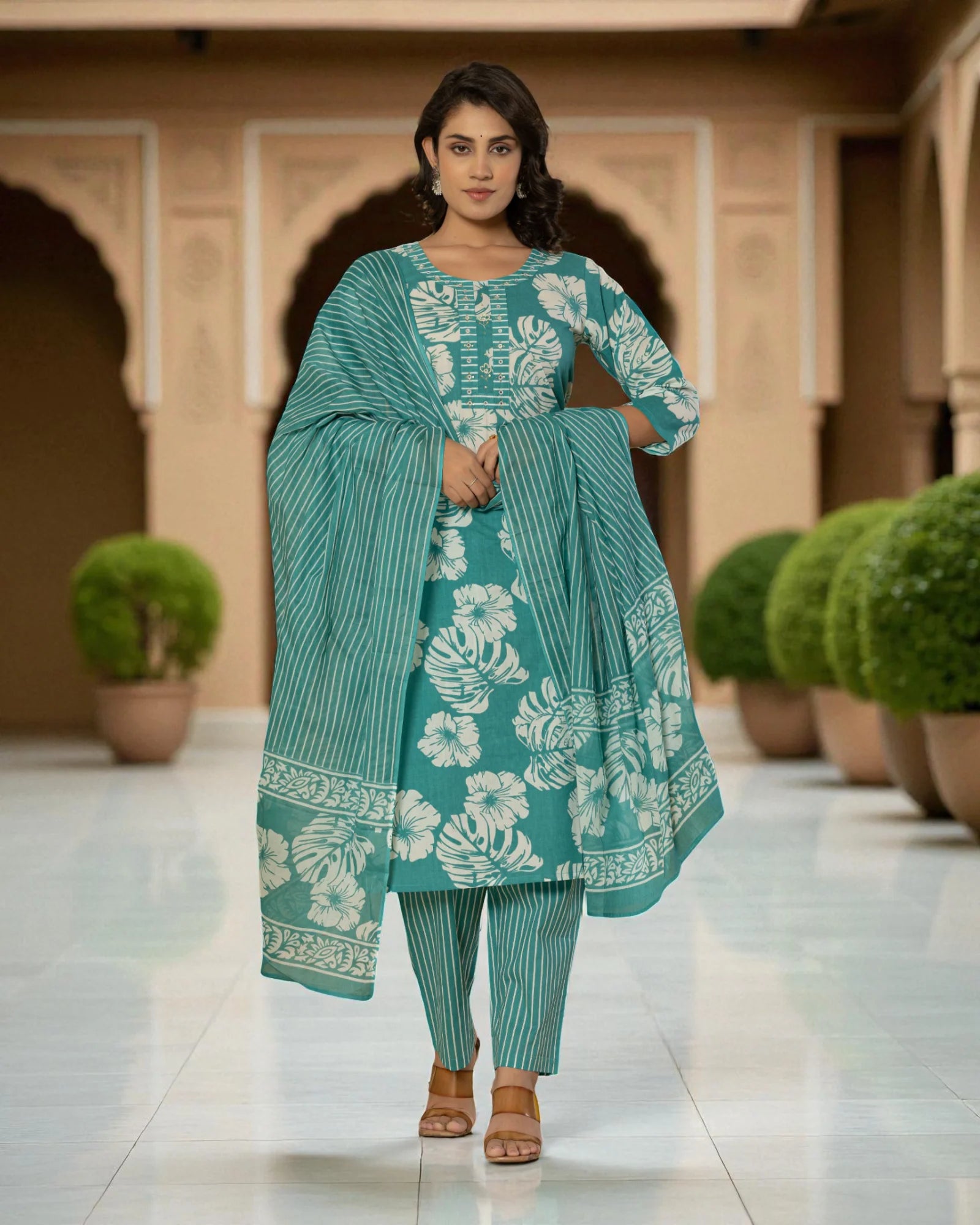 Floral Cotton Kurta Set With Dupatta