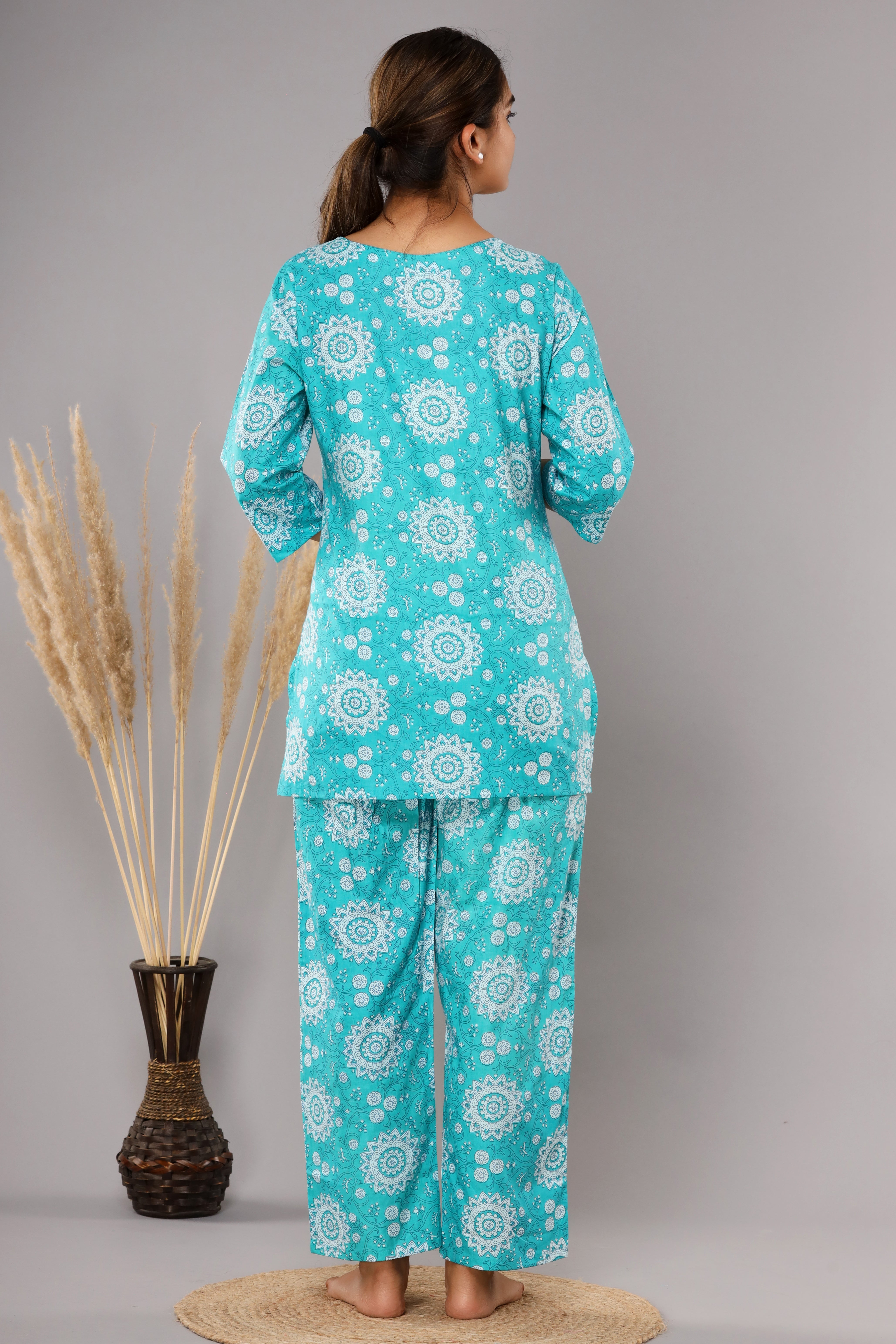 Turquoise Floral Printed Cotton Night Suit
