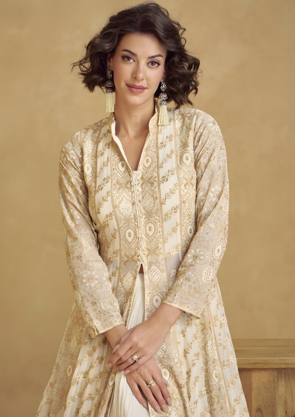 Half White Georgette Gown With Coat Style Shrug