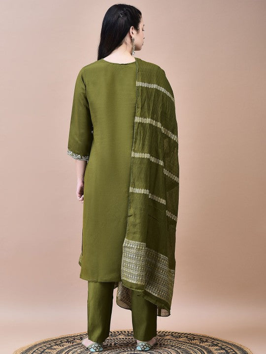 Green Blossom Chinon Silk Kurta Set