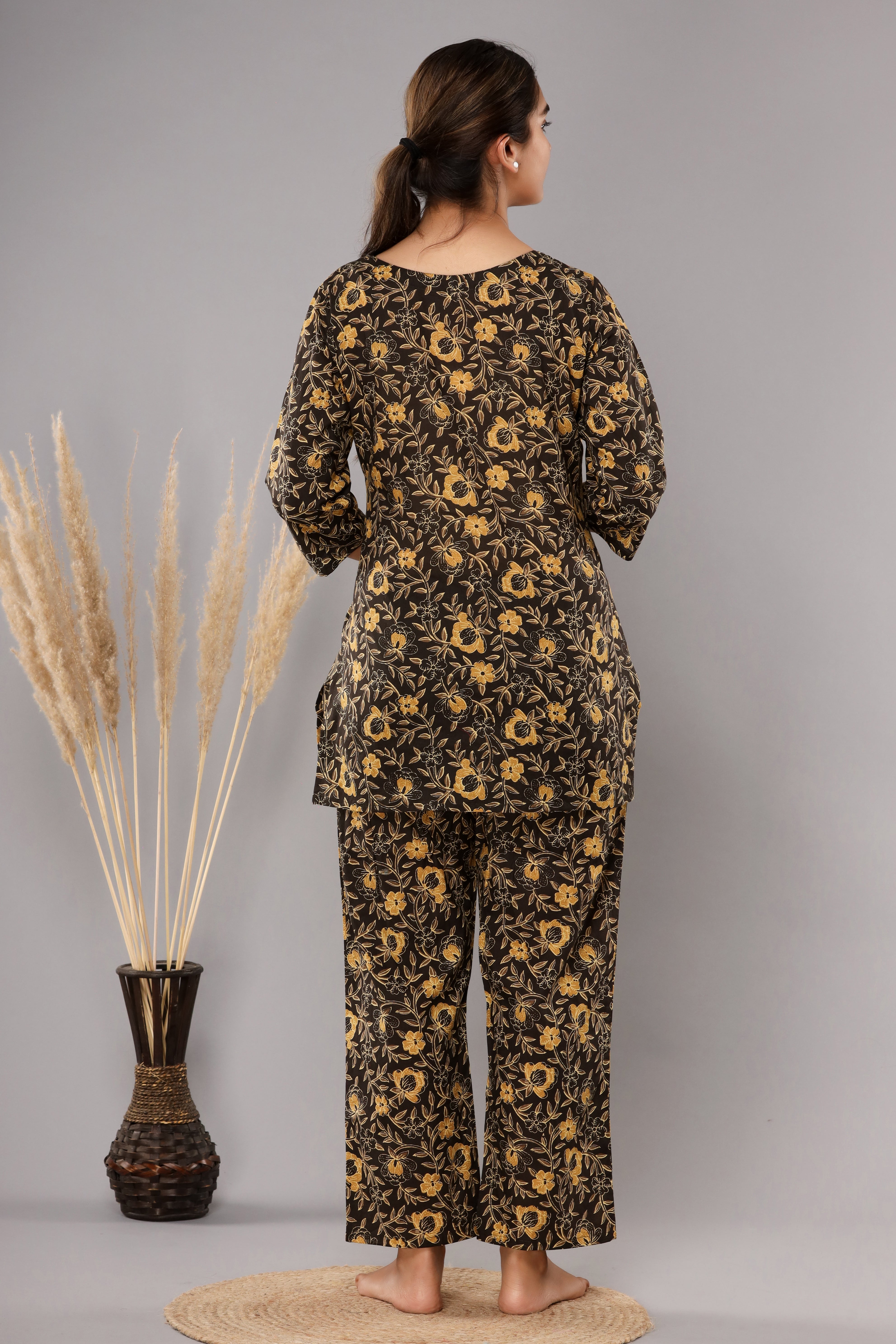 Dark Brown Floral Printed Cotton Night Suit