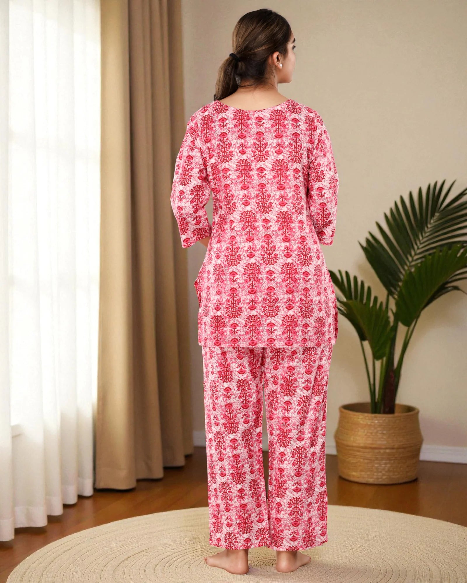 Pink Floral Cotton Night Suit