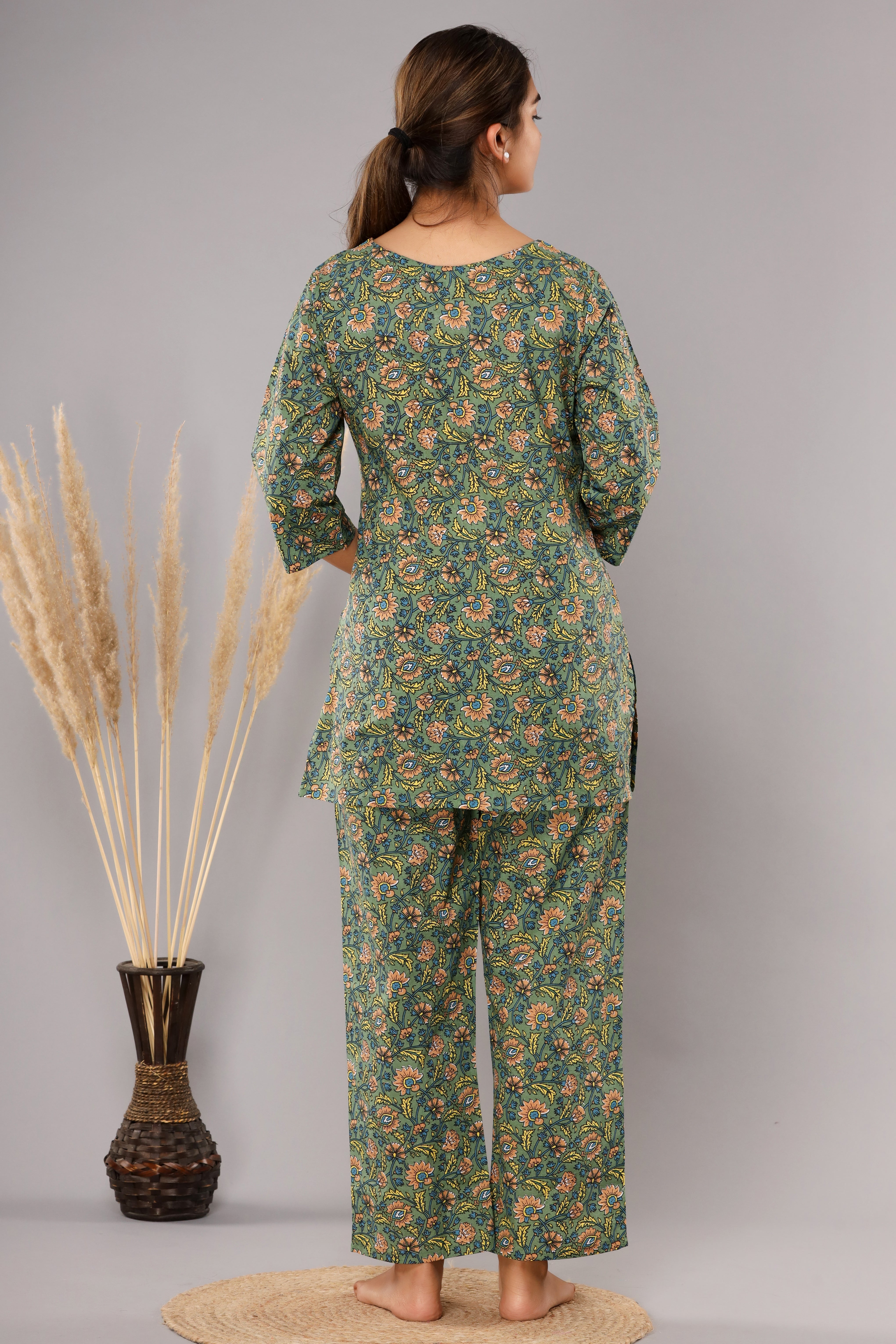Mehendi Green Floral Cotton Night Suit