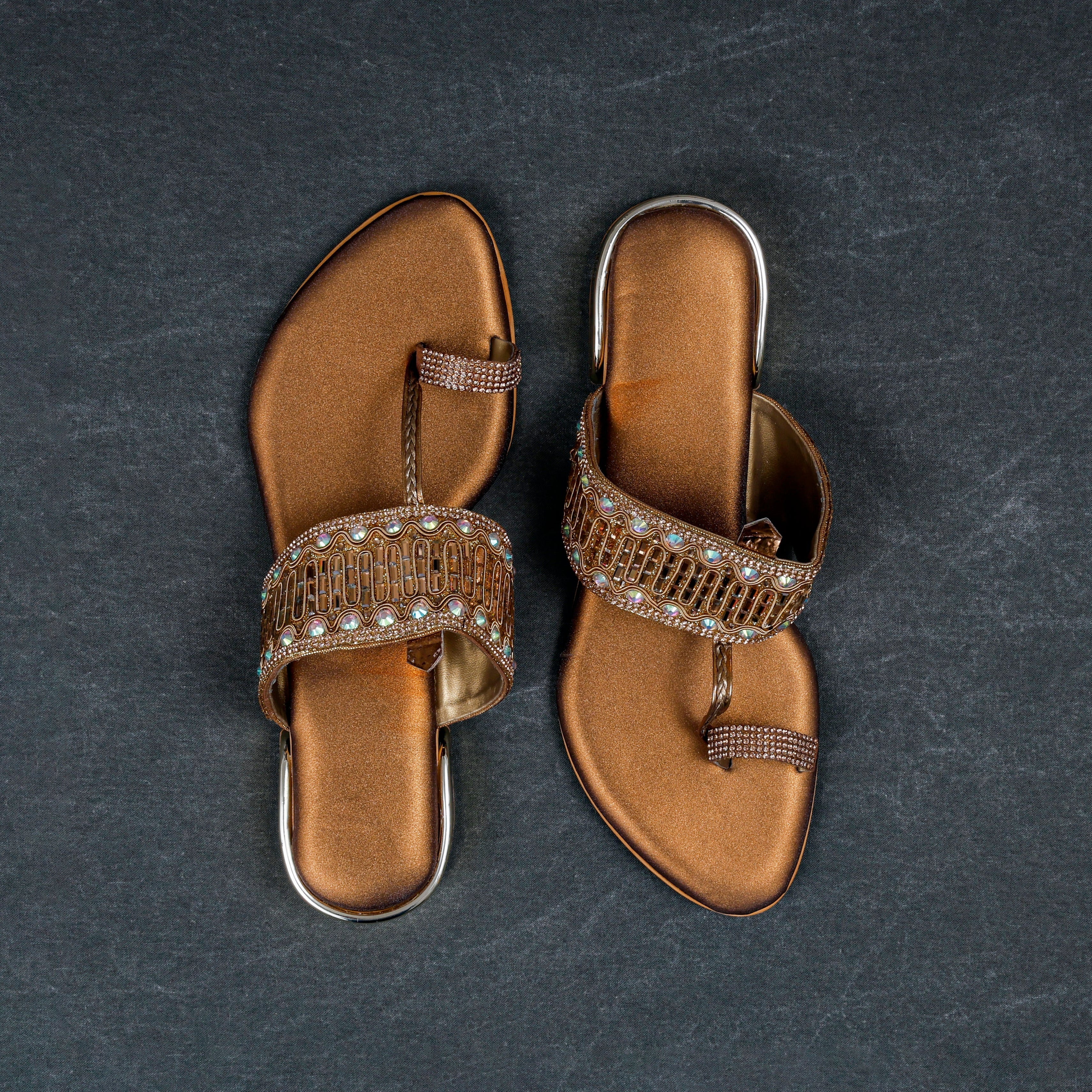 Gold Rexine Open Toe Ethnic Flats