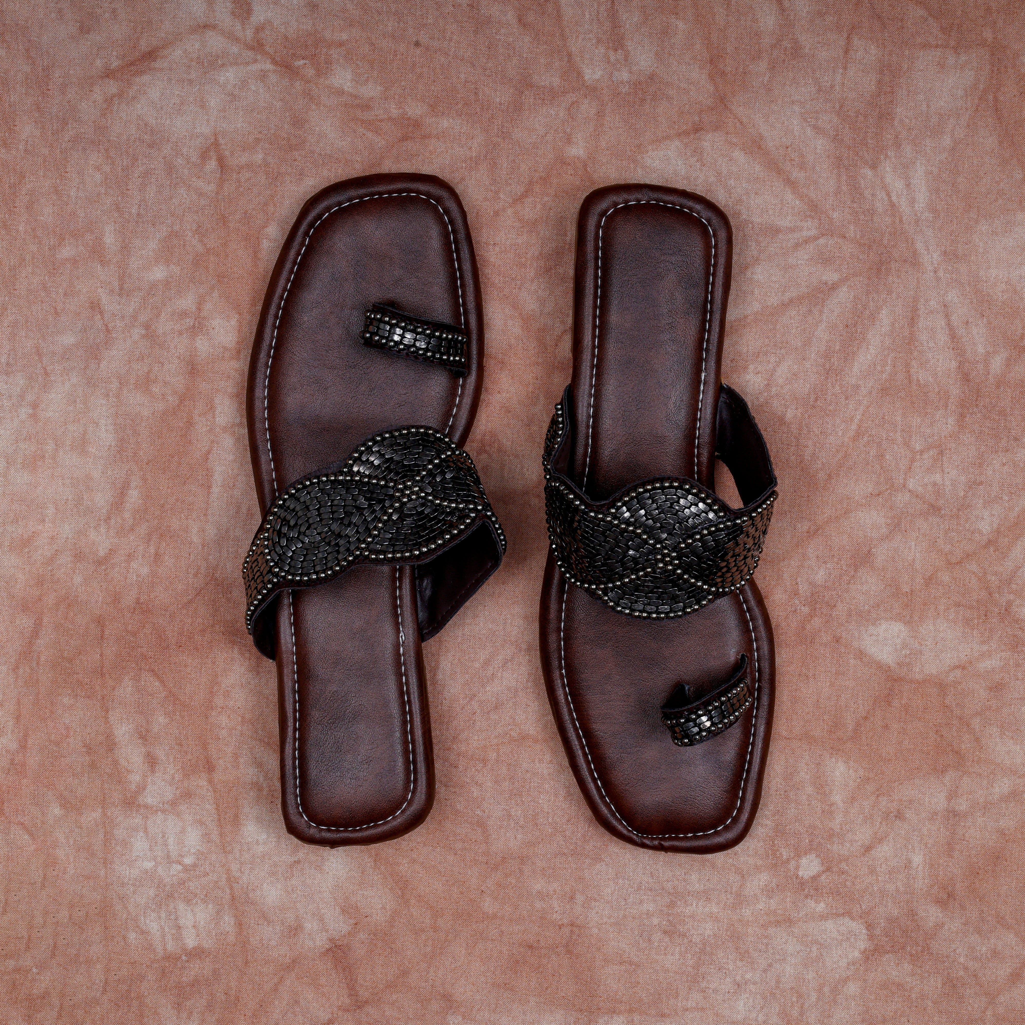 Brown Open Toe Artisan Ethnic Flats