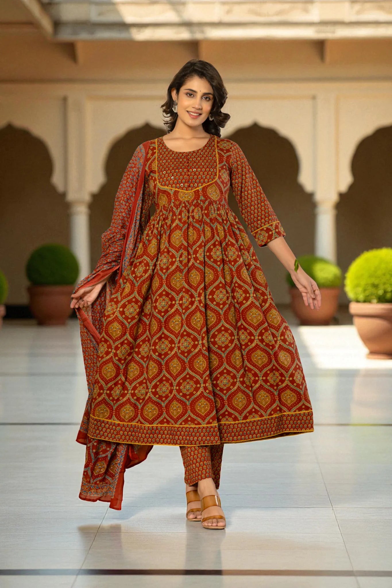 Floral Yoke Kurta Set with Printed Dupatta