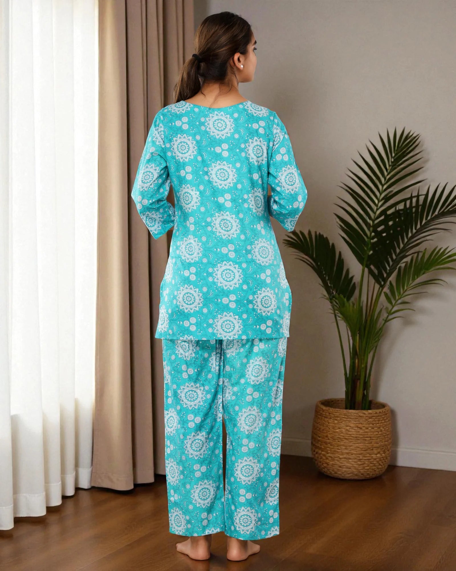 Turquoise Floral Printed Cotton Night Suit