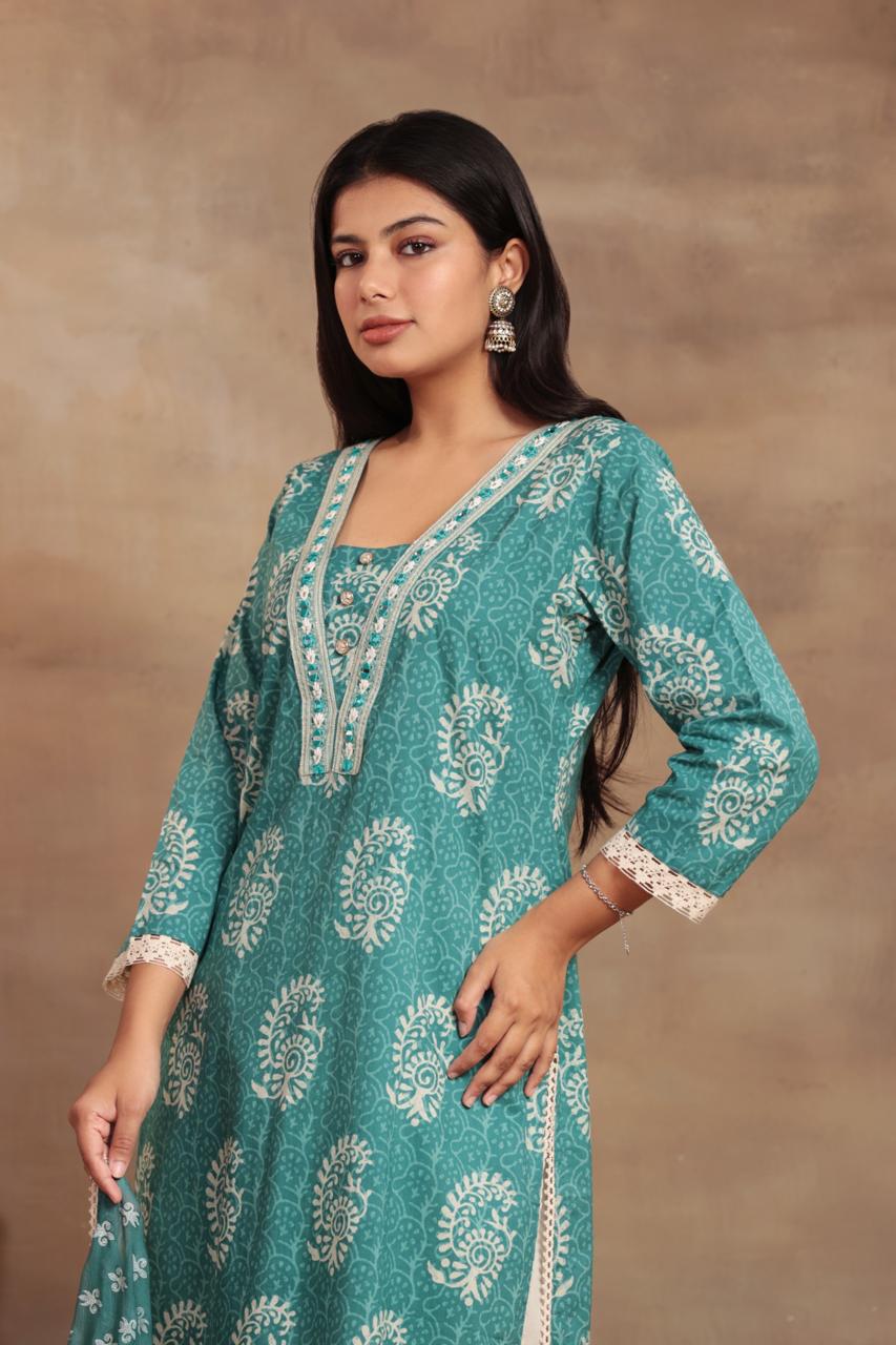 Sequined Embroidered Cotton Kurta Set