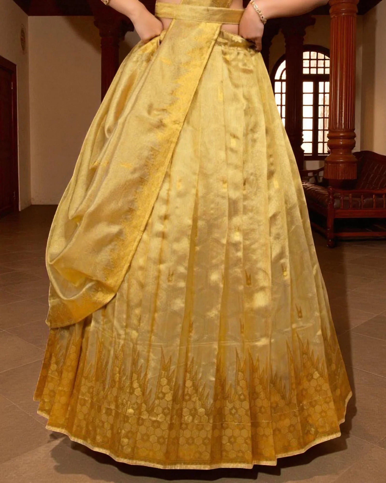 Semi Stitched Gold Zari Half Saree