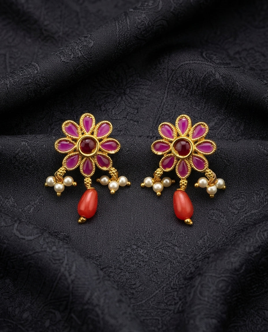 Studs with Pink Stones and Droplet Accents