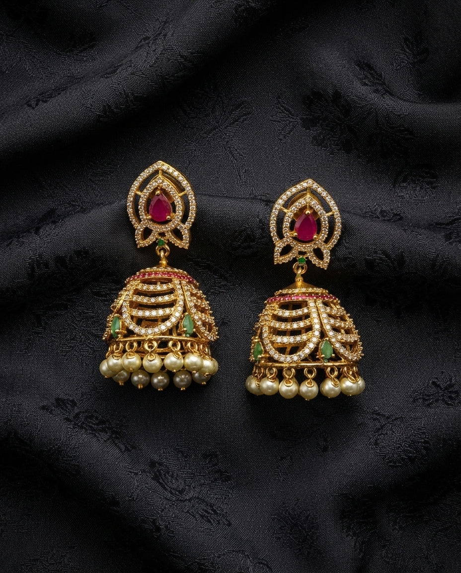 White CZ Jhumkas with Pink & Green Stones
