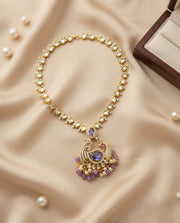 White Polki Necklace Set with Peacock Pendant