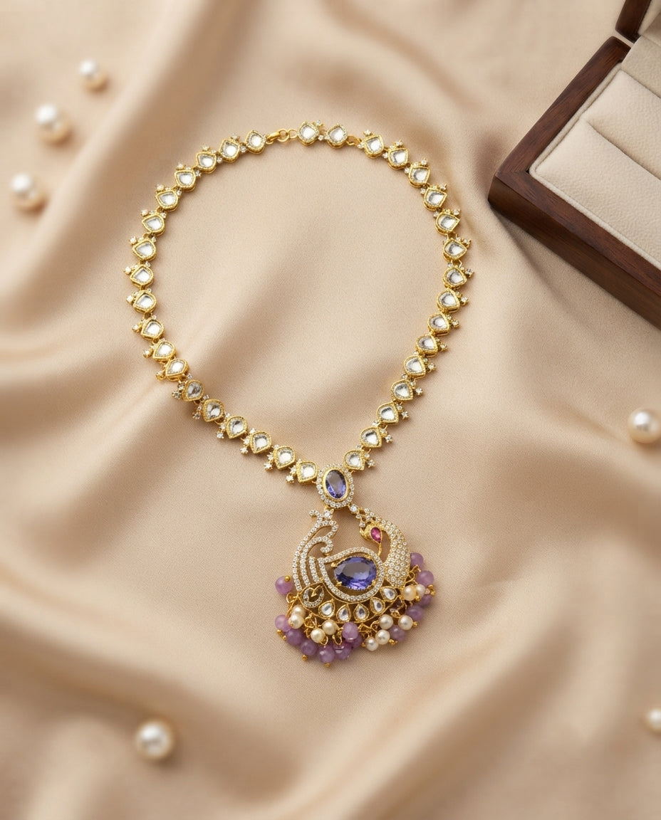 White Polki Necklace Set with Peacock Pendant
