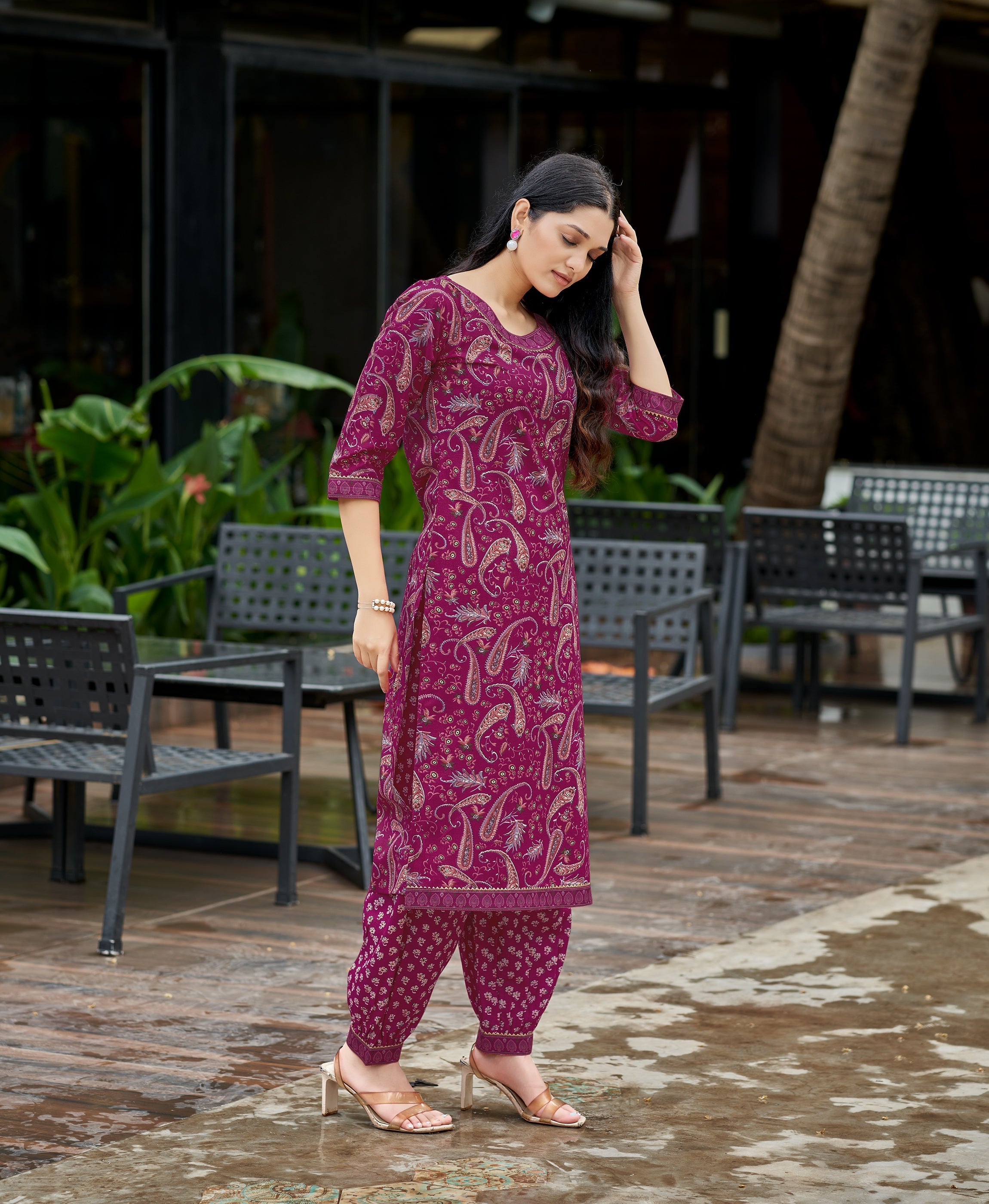 Dark Pink Cotton Embroidered Kurta Set