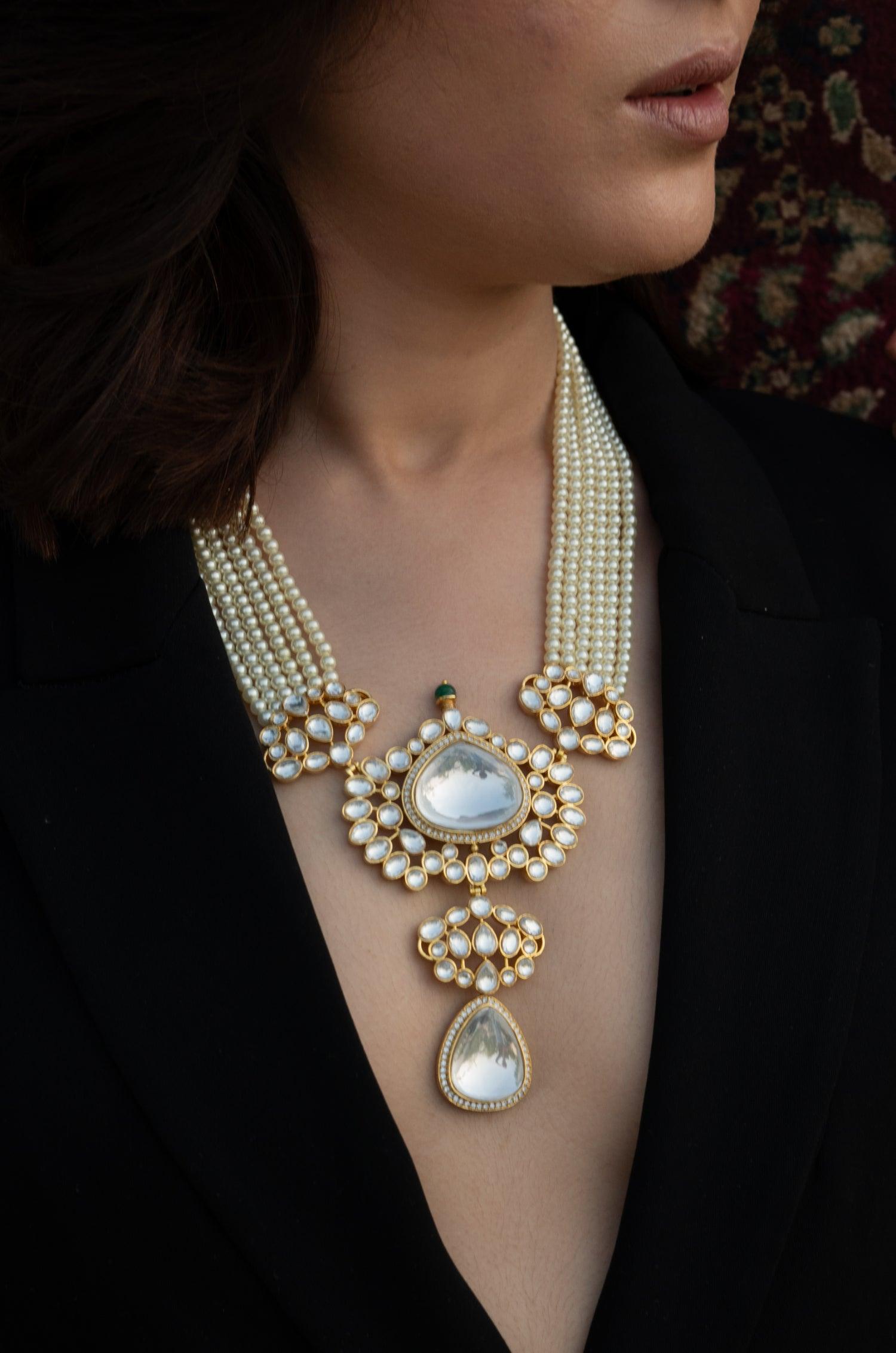 Sparkling CZ Polki & Pearl Ensemble Set - Dyulokha