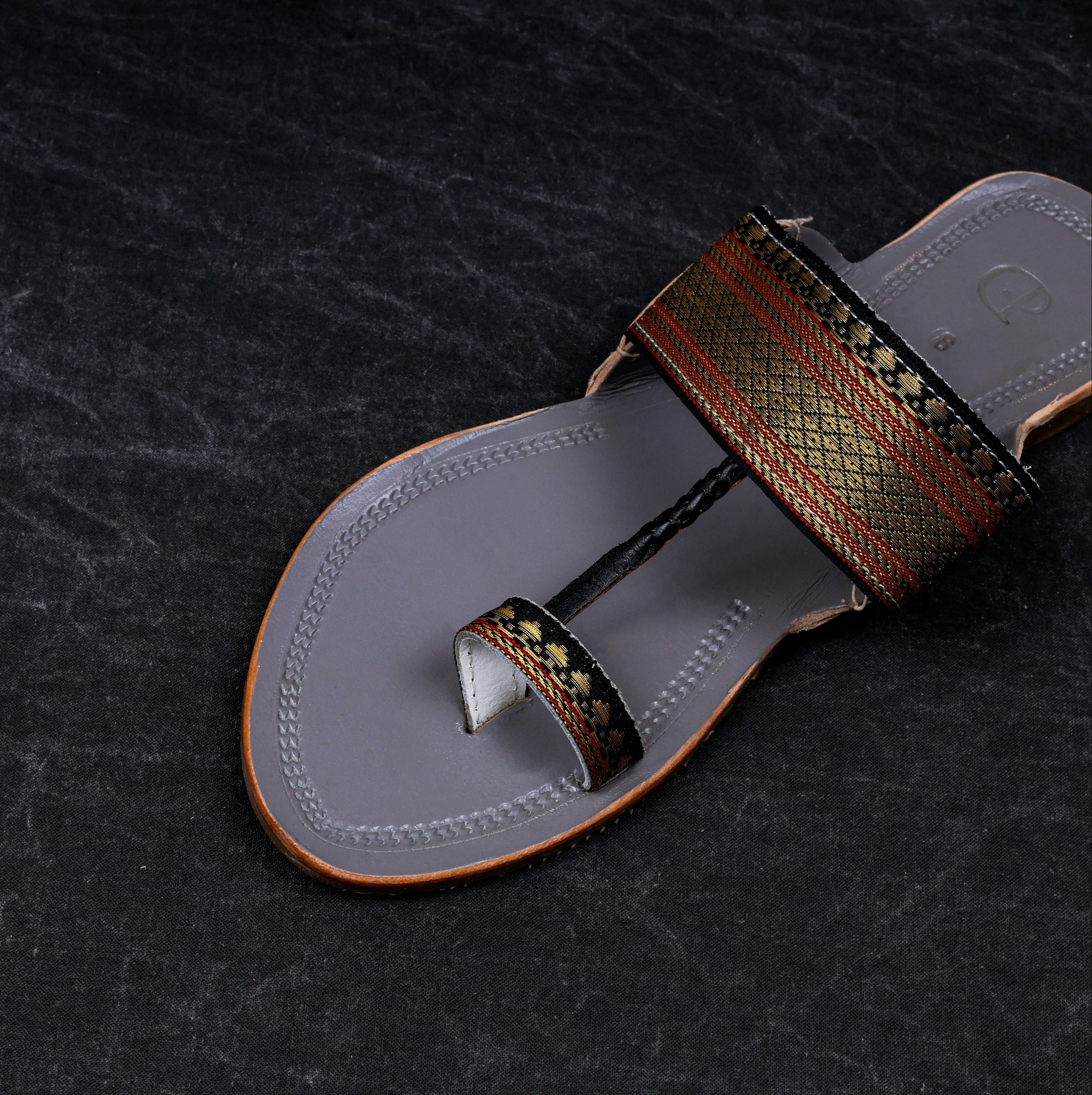 Grey Leather Slip On Kolhapuri Flats