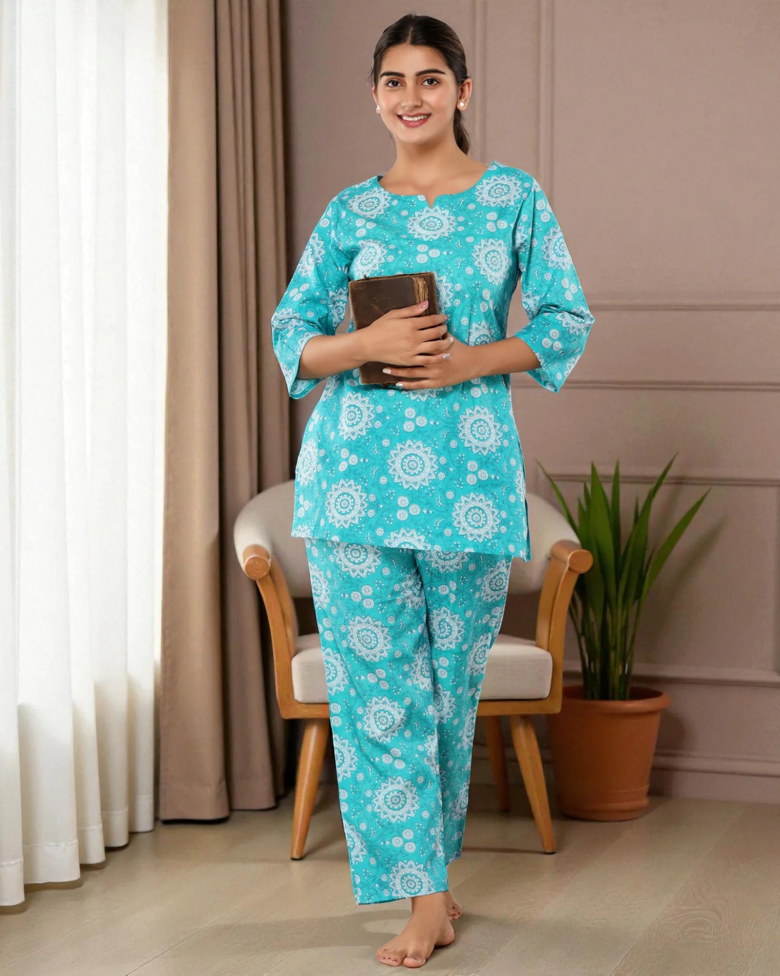 Turquoise Floral Printed Cotton Night Suit