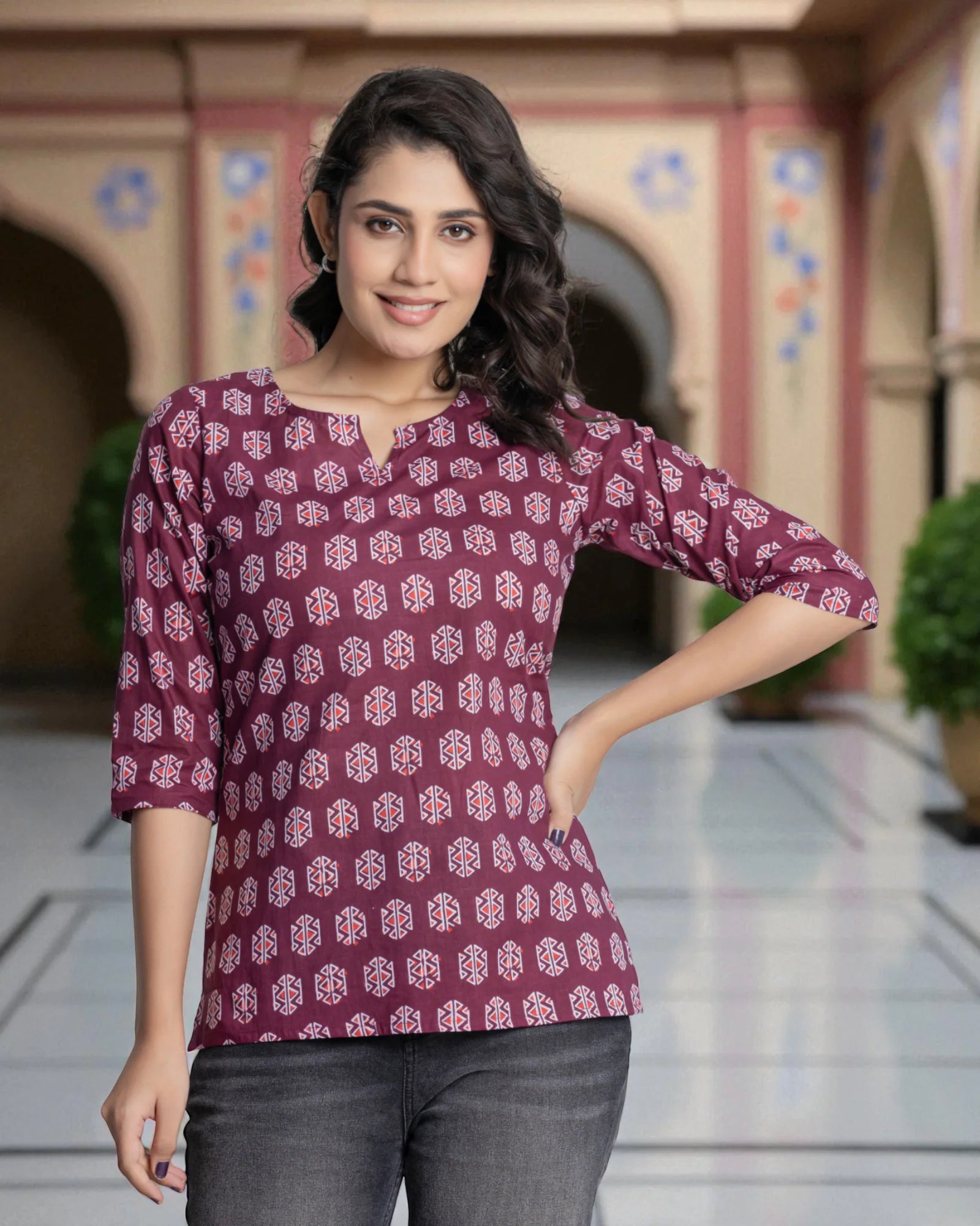 Geometric Print Cotton Floral Kurta