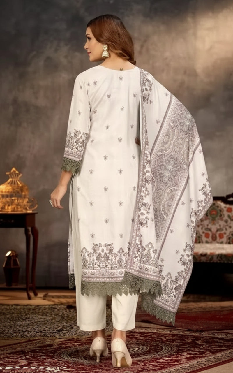 Cream Silk Embroidered Three Piece Pakistani Suit